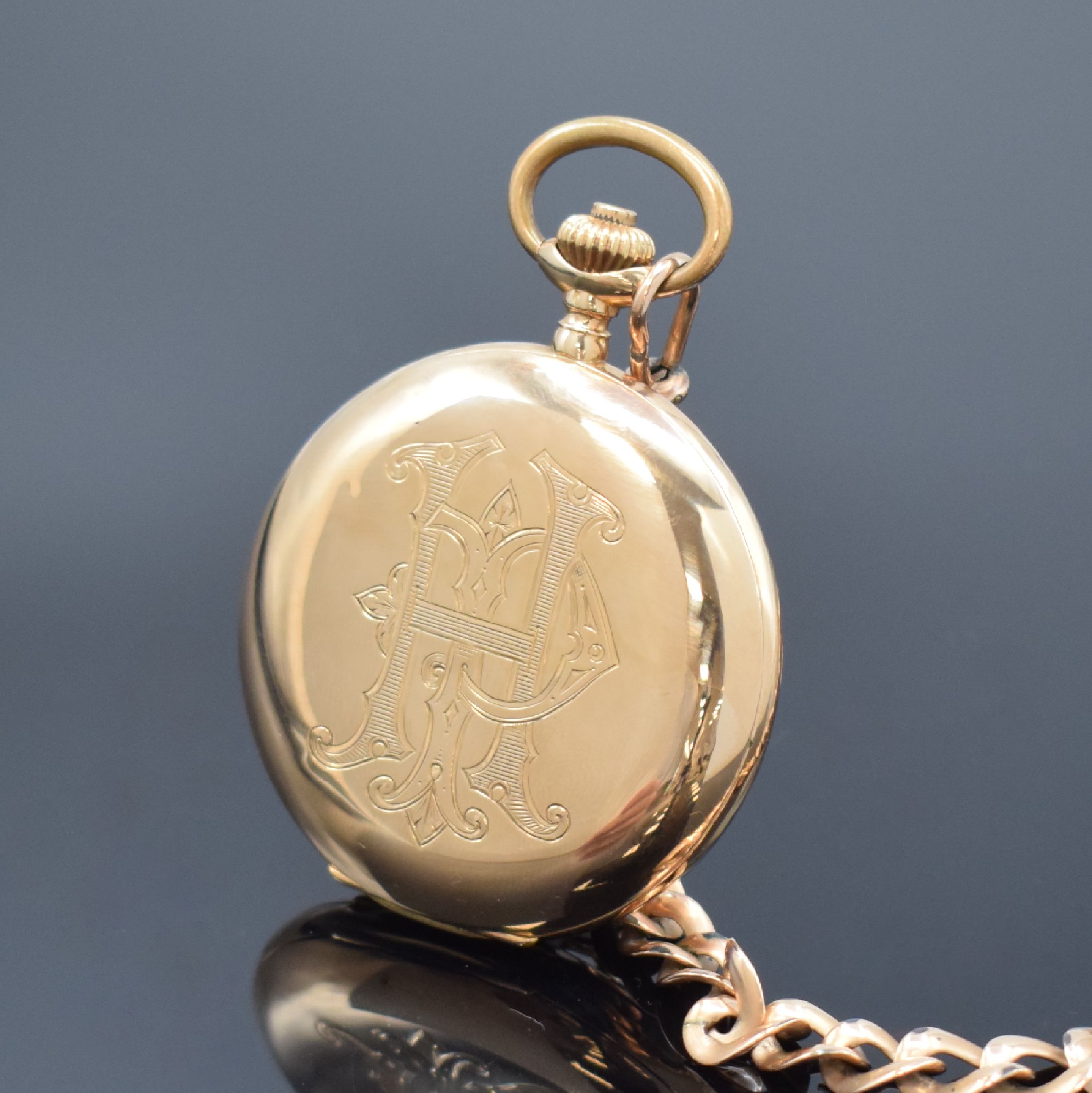 Detail b: SYSTEM GLASHÜTTE Herrensavonette in RG 585/000, Schweiz um 1910, glattes 2-Deckel Goldgeh. dell., Monogramm-Grav. auf dem Sprungdeckel, cremefarb. ...