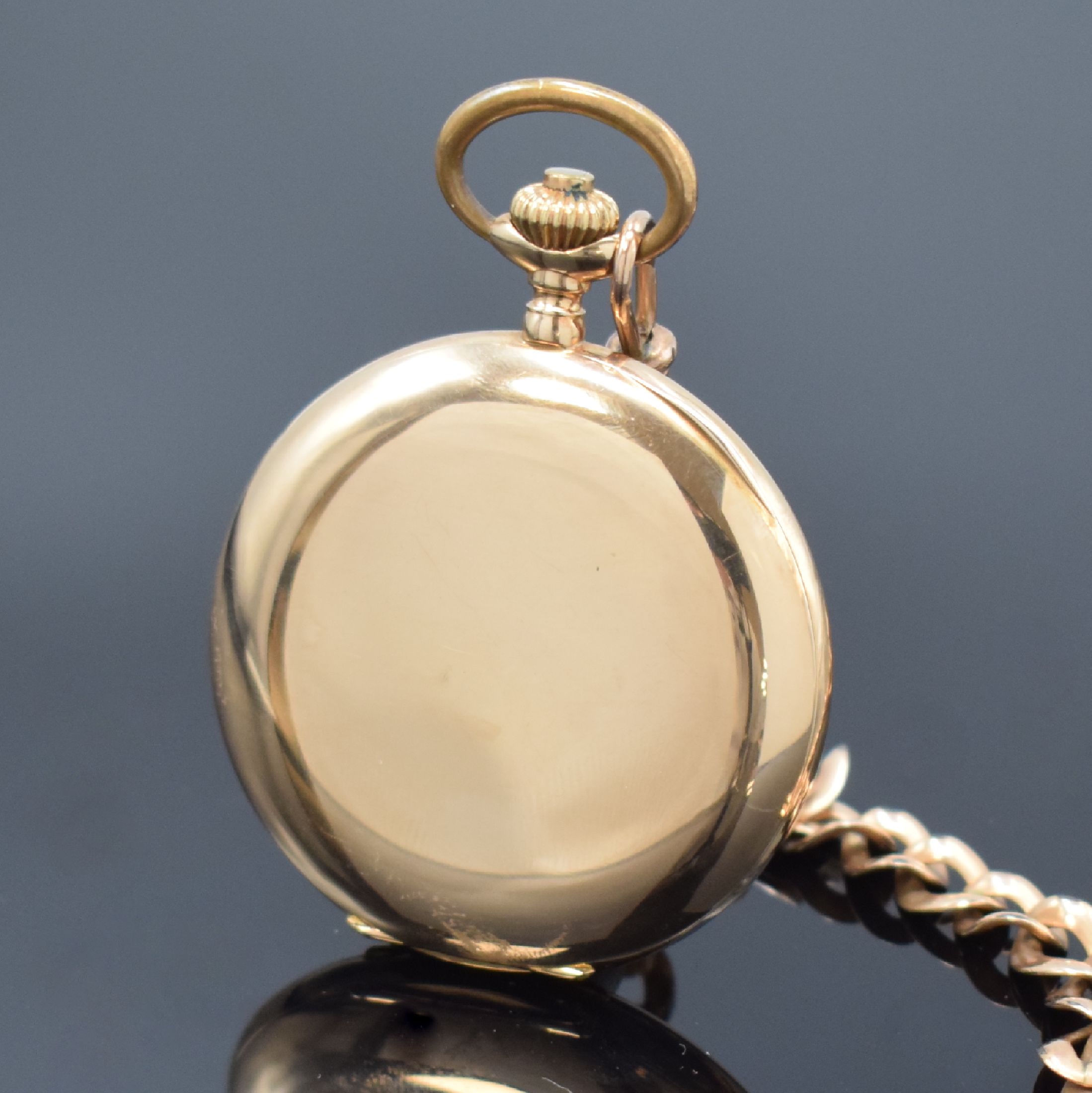 Detail c: SYSTEM GLASHÜTTE Herrensavonette in RG 585/000, Schweiz um 1910, glattes 2-Deckel Goldgeh. dell., Monogramm-Grav. auf dem Sprungdeckel, cremefarb. ...