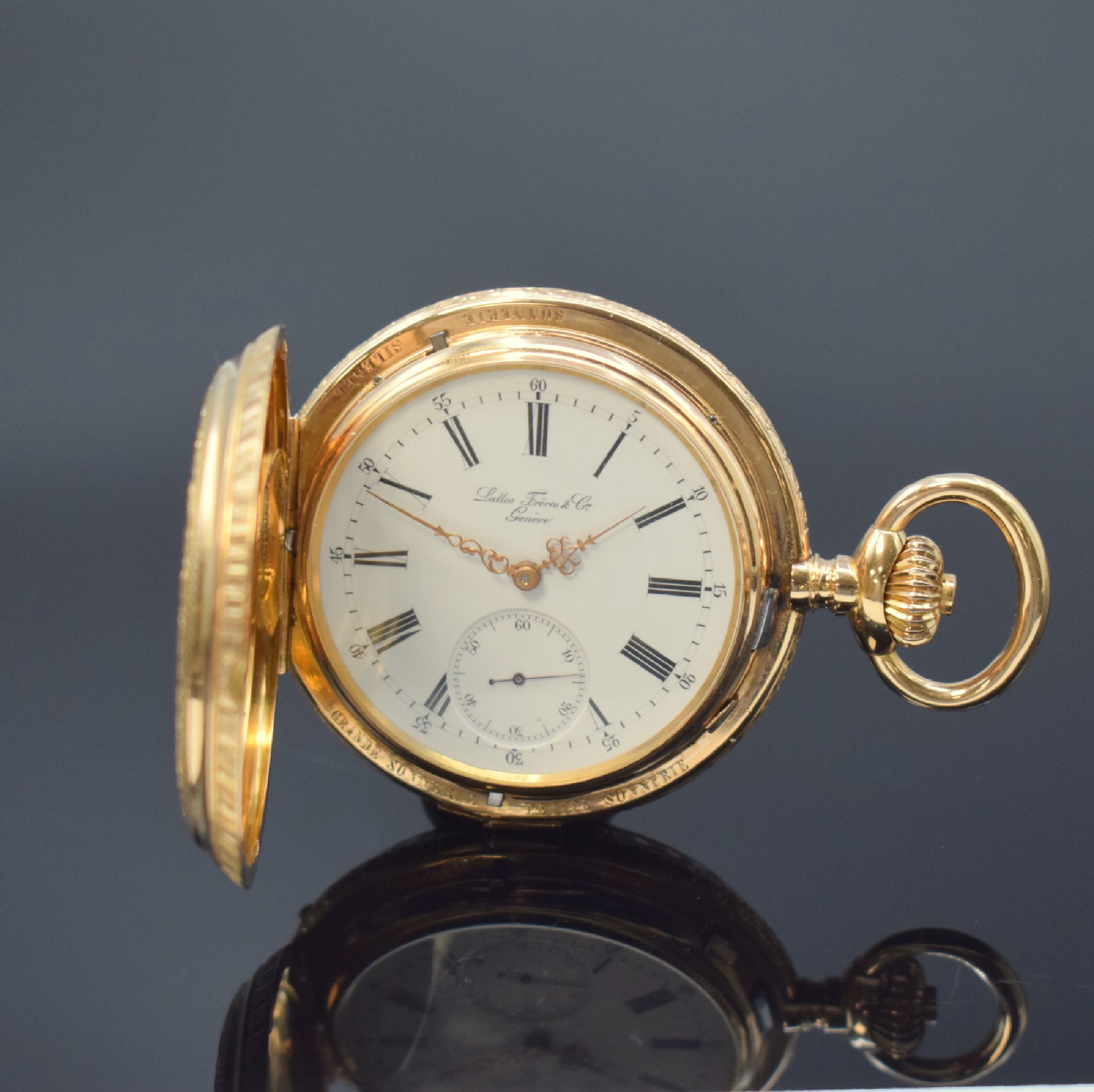 LATTES Freres & Cie Geneve seltene Taschenuhr mit Viertelstunden-Selbstschlag / Grande Sonnerie und Petite Sonnerie im RG 750/000 Prunkgehäuse, ...