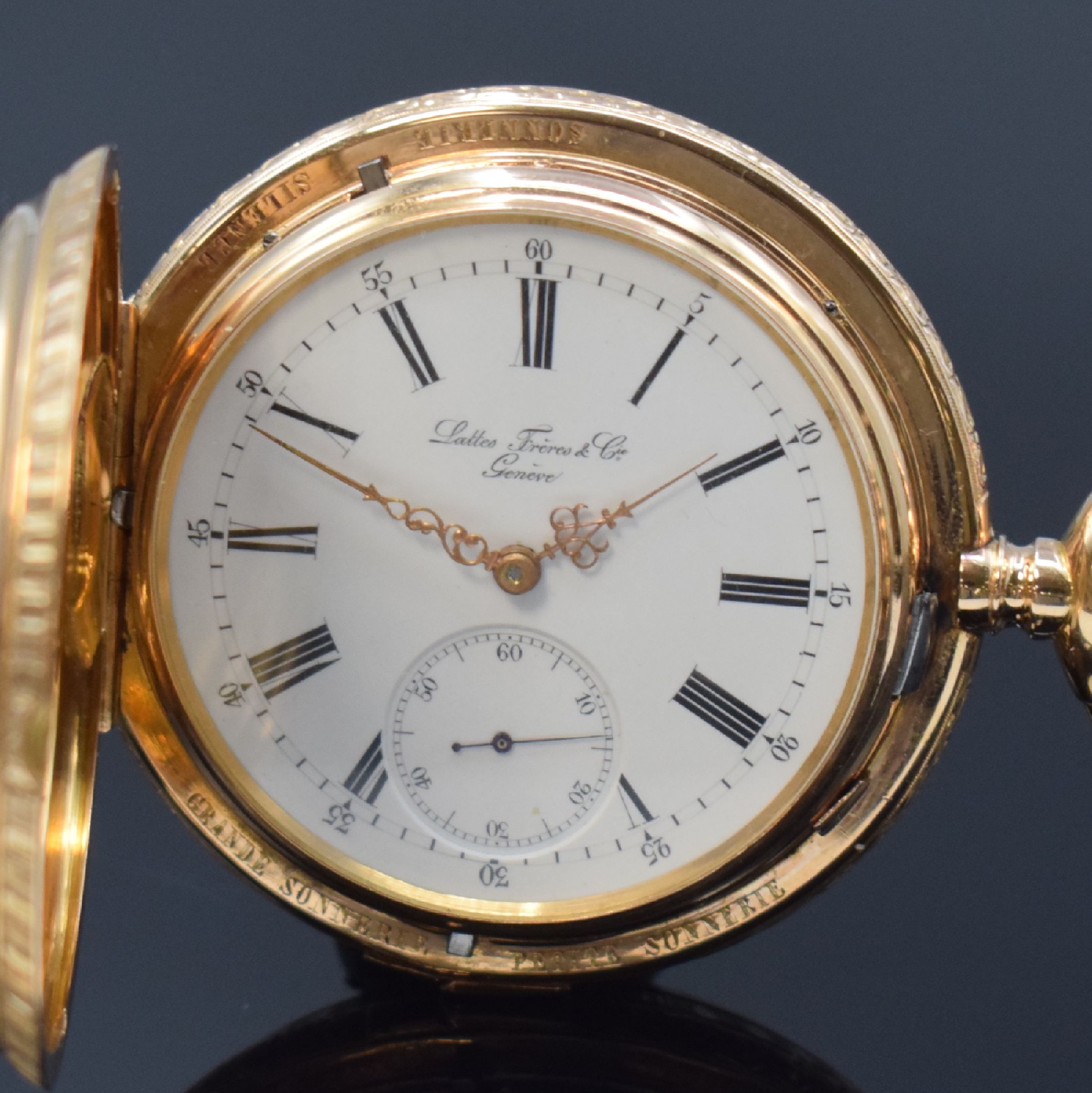Detail a: LATTES Freres & Cie Geneve seltene Taschenuhr mit Viertelstunden-Selbstschlag / Grande Sonnerie und Petite Sonnerie im RG 750/000 Prunkgehäuse, ...