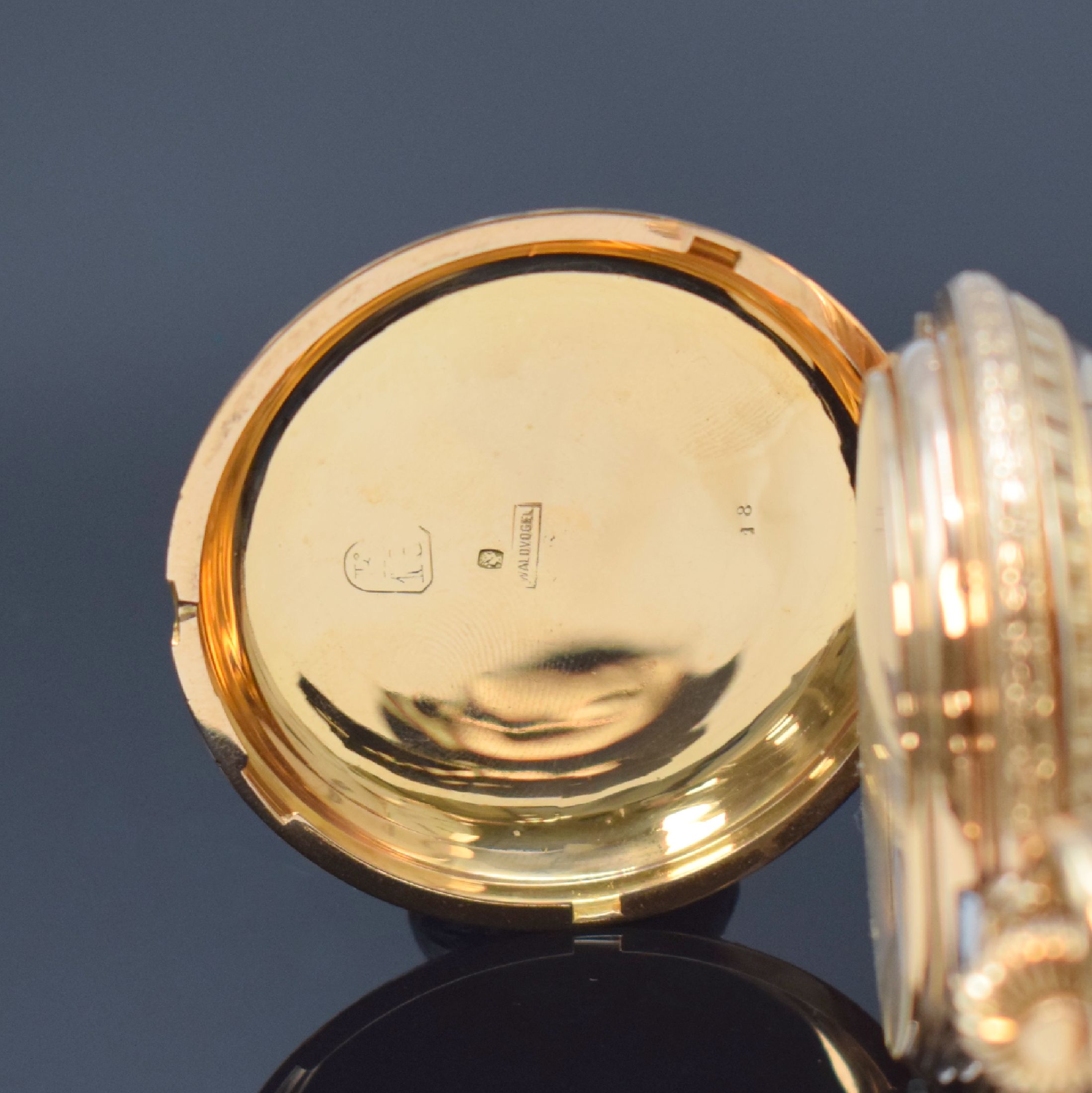 Detail b: LATTES Freres & Cie Geneve seltene Taschenuhr mit Viertelstunden-Selbstschlag / Grande Sonnerie und Petite Sonnerie im RG 750/000 Prunkgehäuse, ...