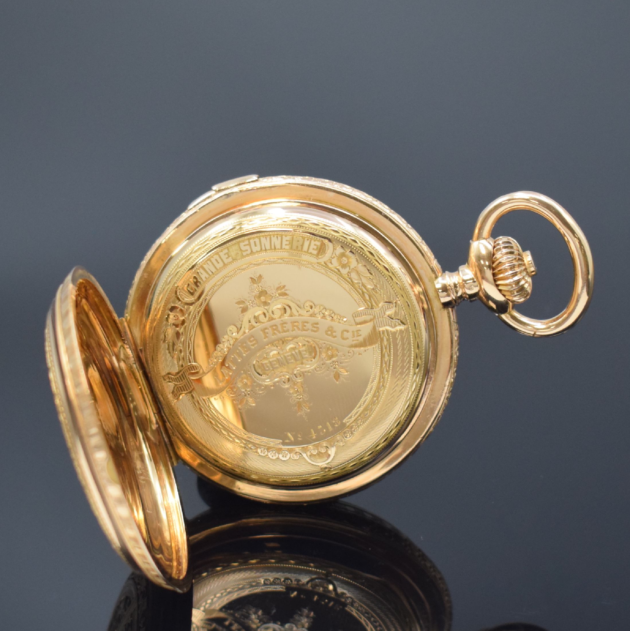 Detail f: LATTES Freres & Cie Geneve seltene Taschenuhr mit Viertelstunden-Selbstschlag / Grande Sonnerie und Petite Sonnerie im RG 750/000 Prunkgehäuse, ...