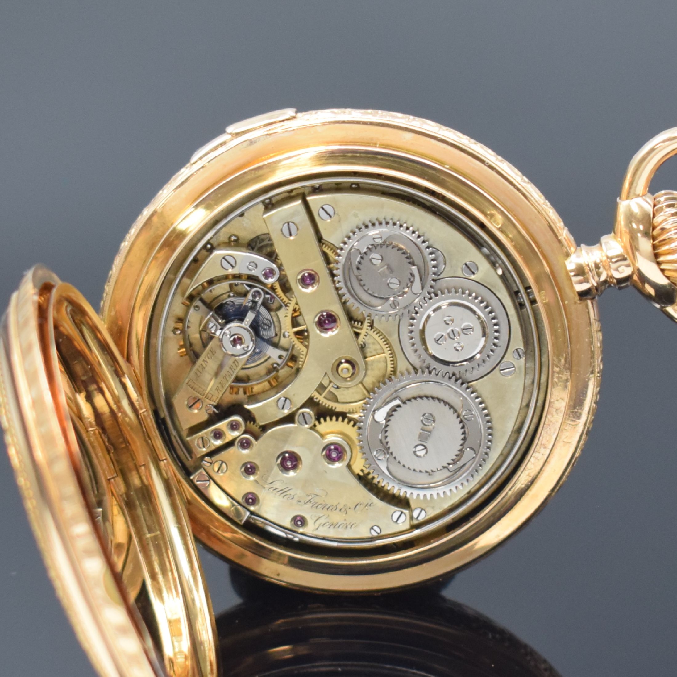 Detail h: LATTES Freres & Cie Geneve seltene Taschenuhr mit Viertelstunden-Selbstschlag / Grande Sonnerie und Petite Sonnerie im RG 750/000 Prunkgehäuse, ...