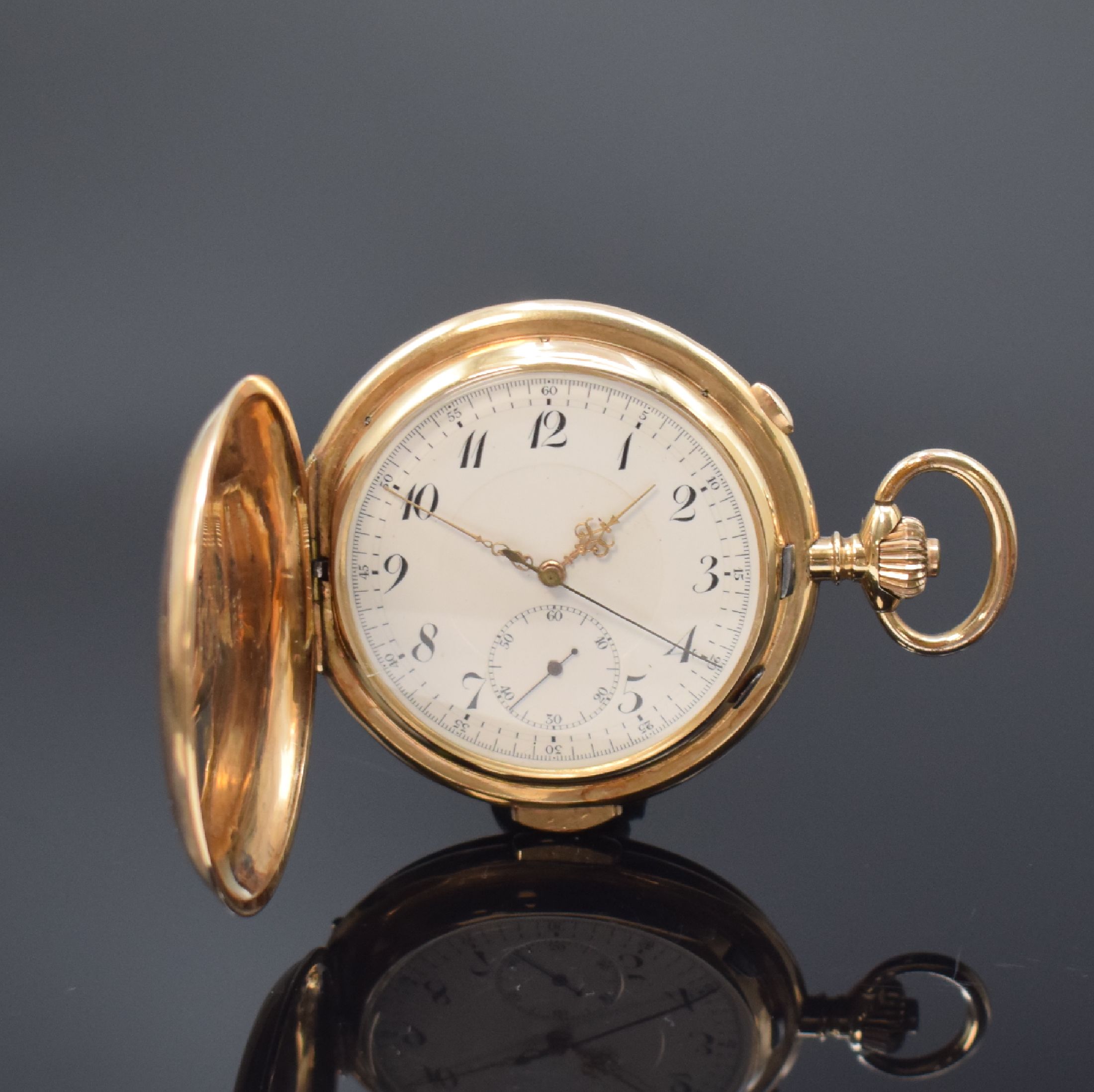 Savonette in RoseG 585/000 mit 1/4- Stundenrepetition und Chronograph, Schweiz um 1900, 3-Deckel Goldgeh. dell., Emailzifferbl. m. arab. Zahlen, ...