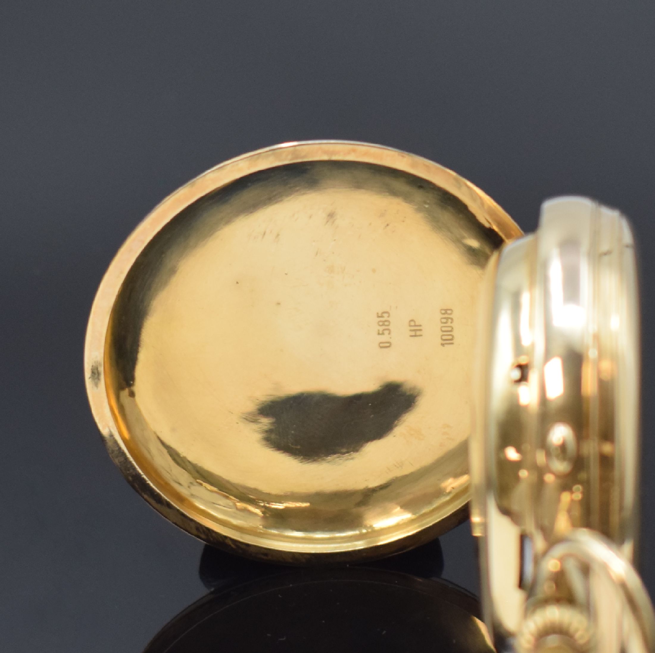 Detail a: Schwere Savonette mit Minutenrepetition, Vollkalender und Chronograph im neutralen GG 585/000 Gehäuse, Werk Schweiz um 1900, 3-Deckel Goldgeh. ...