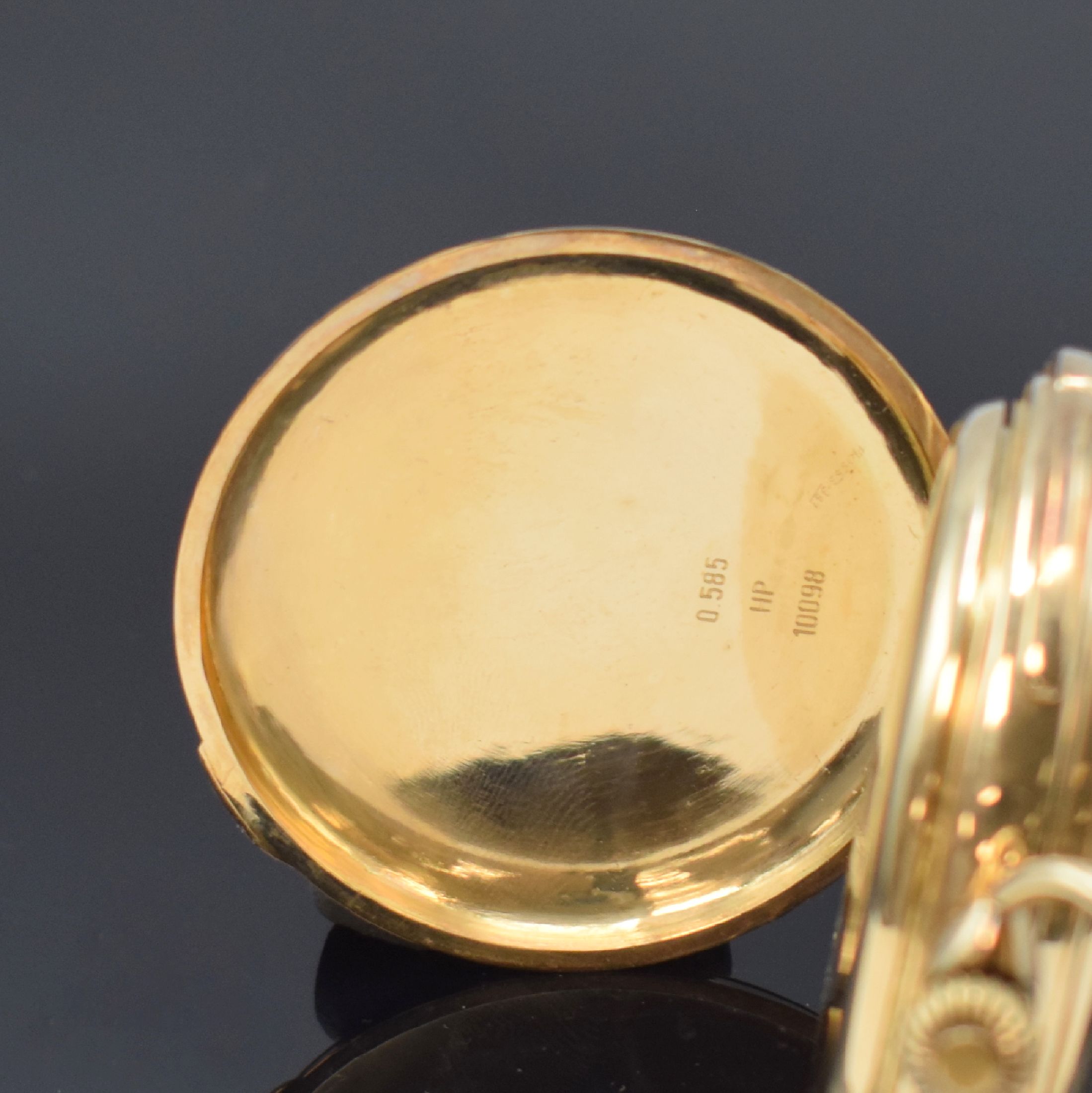Detail b: Schwere Savonette mit Minutenrepetition, Vollkalender und Chronograph im neutralen GG 585/000 Gehäuse, Werk Schweiz um 1900, 3-Deckel Goldgeh. ...