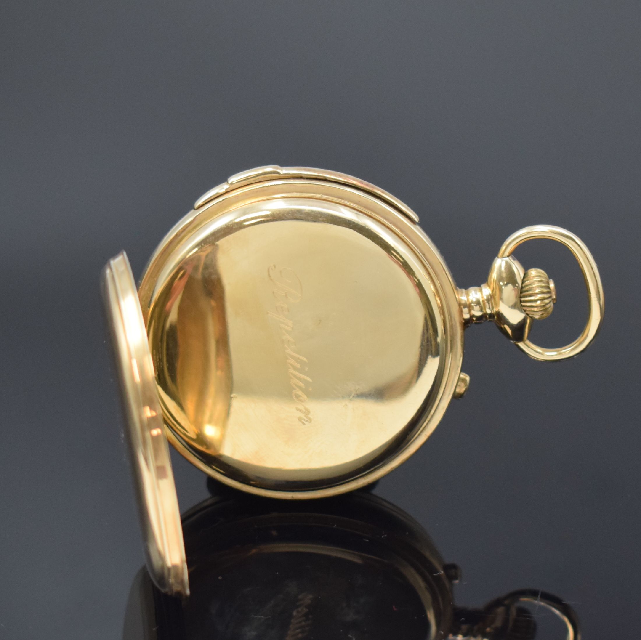 Detail c: Schwere Savonette mit Minutenrepetition, Vollkalender und Chronograph im neutralen GG 585/000 Gehäuse, Werk Schweiz um 1900, 3-Deckel Goldgeh. ...