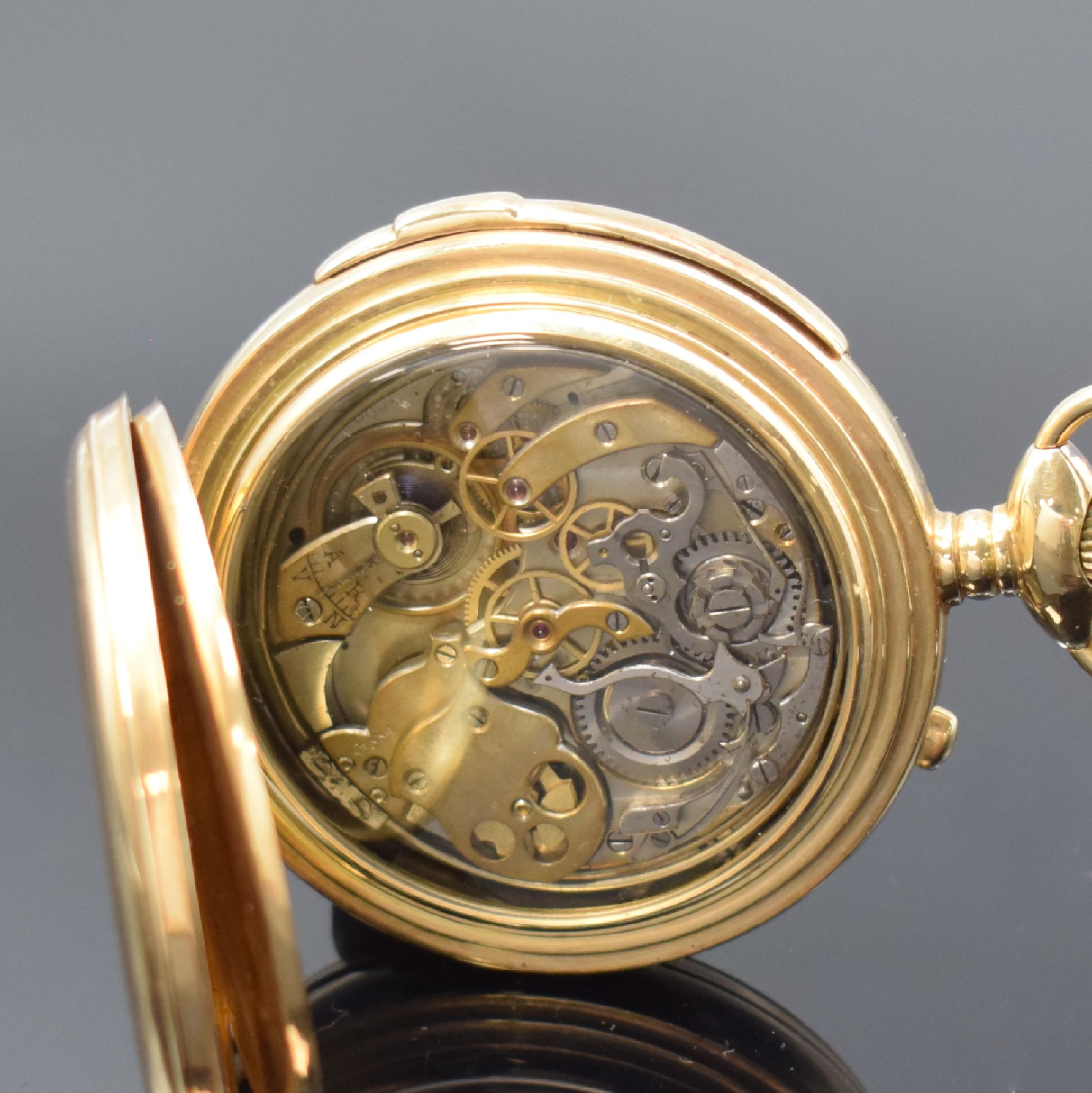 Detail e: Schwere Savonette mit Minutenrepetition, Vollkalender und Chronograph im neutralen GG 585/000 Gehäuse, Werk Schweiz um 1900, 3-Deckel Goldgeh. ...