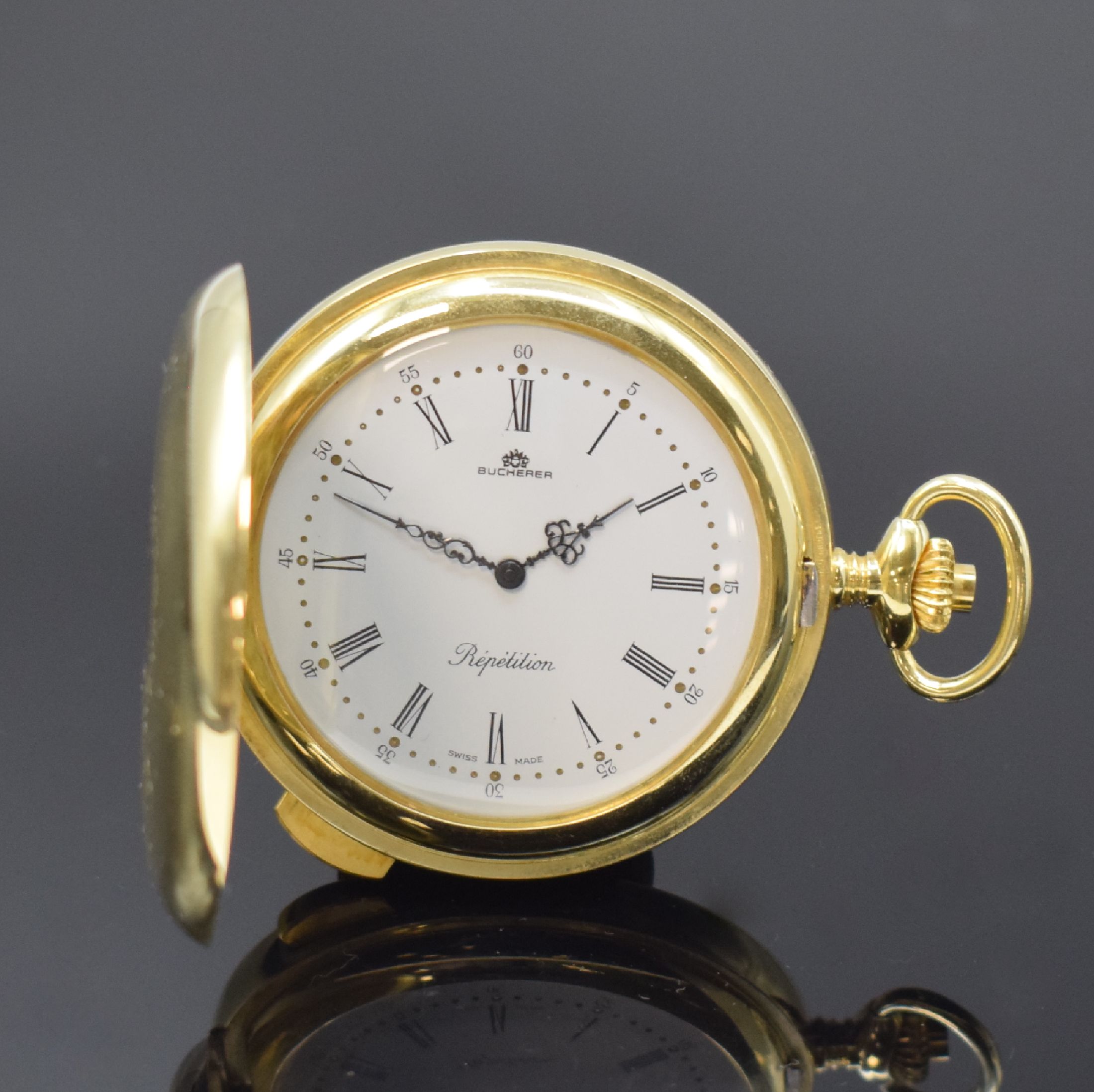 BUCHERER Savonette mit 5-Minuten Repetition, Schweiz um 1990, verg. Gehäuse, weißes Zifferbl. m. röm. Zahlen, arab. Minuterie, schwarze Zeiger, ...