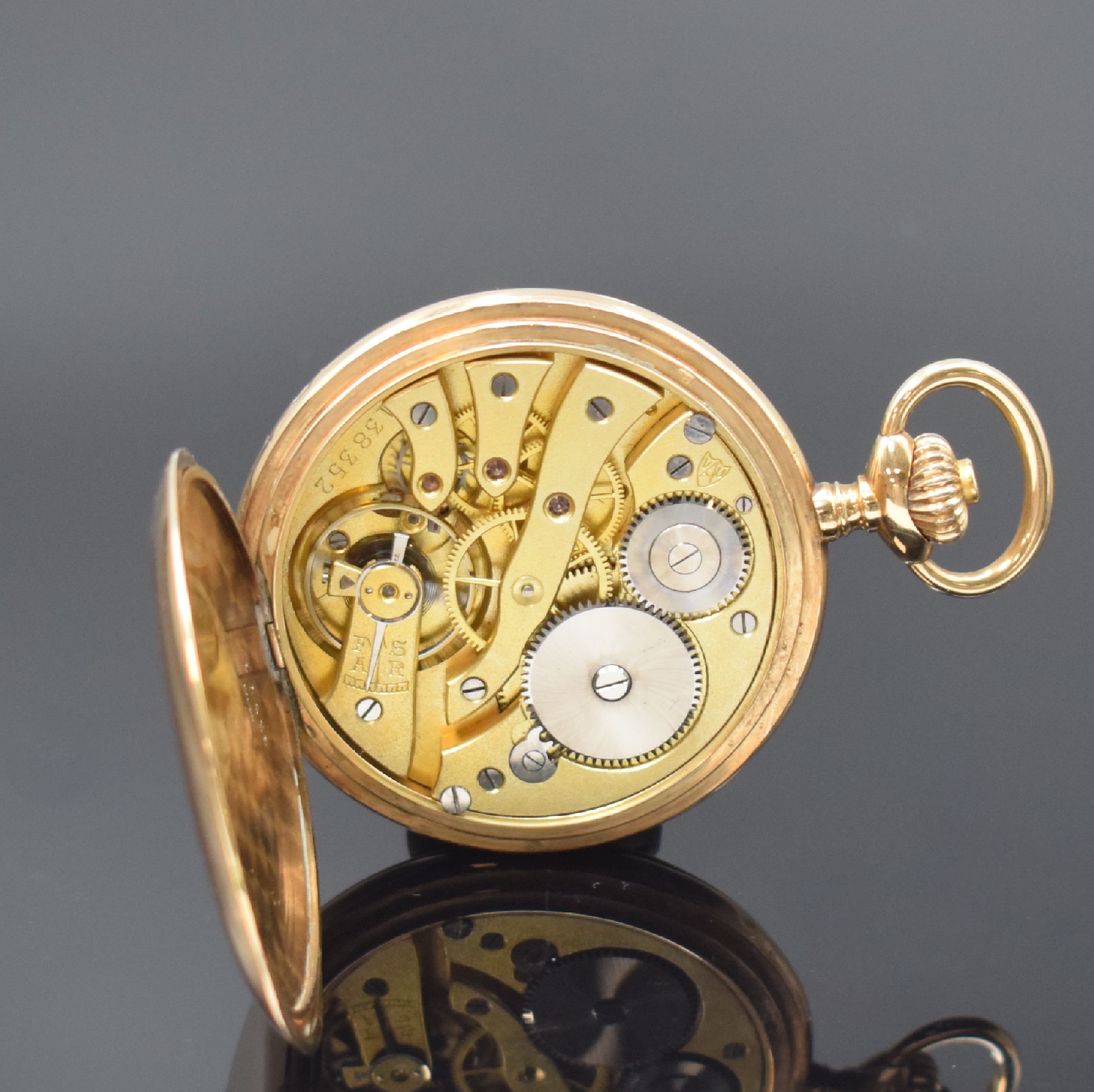 Detail f: ALPINA / UNION HORLOGERE Savonette in RG 585/000, Schweiz um 1910, 2-Deckel Goldgeh., Zifferbl. m. nachtr. erotischer Bemalung, verg. Werk m. ...