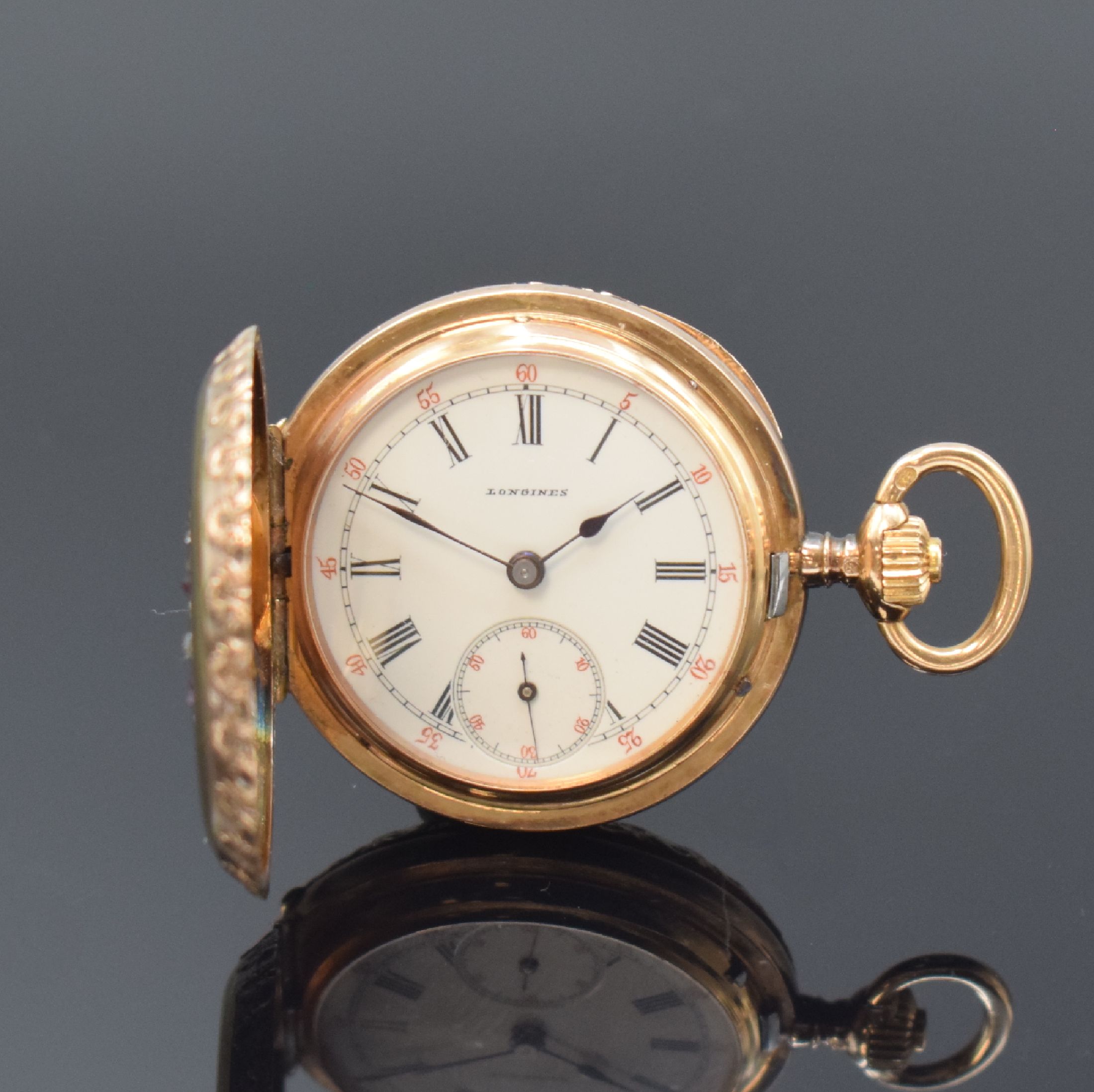LONGINES Damensavonette in GG/RG 750/000, Schweiz um 1890, floral grav. 3-Deckel Goldgeh., Sprungdeckel m. Diamanten u. Rubinen bes. (2 fehl.), ...