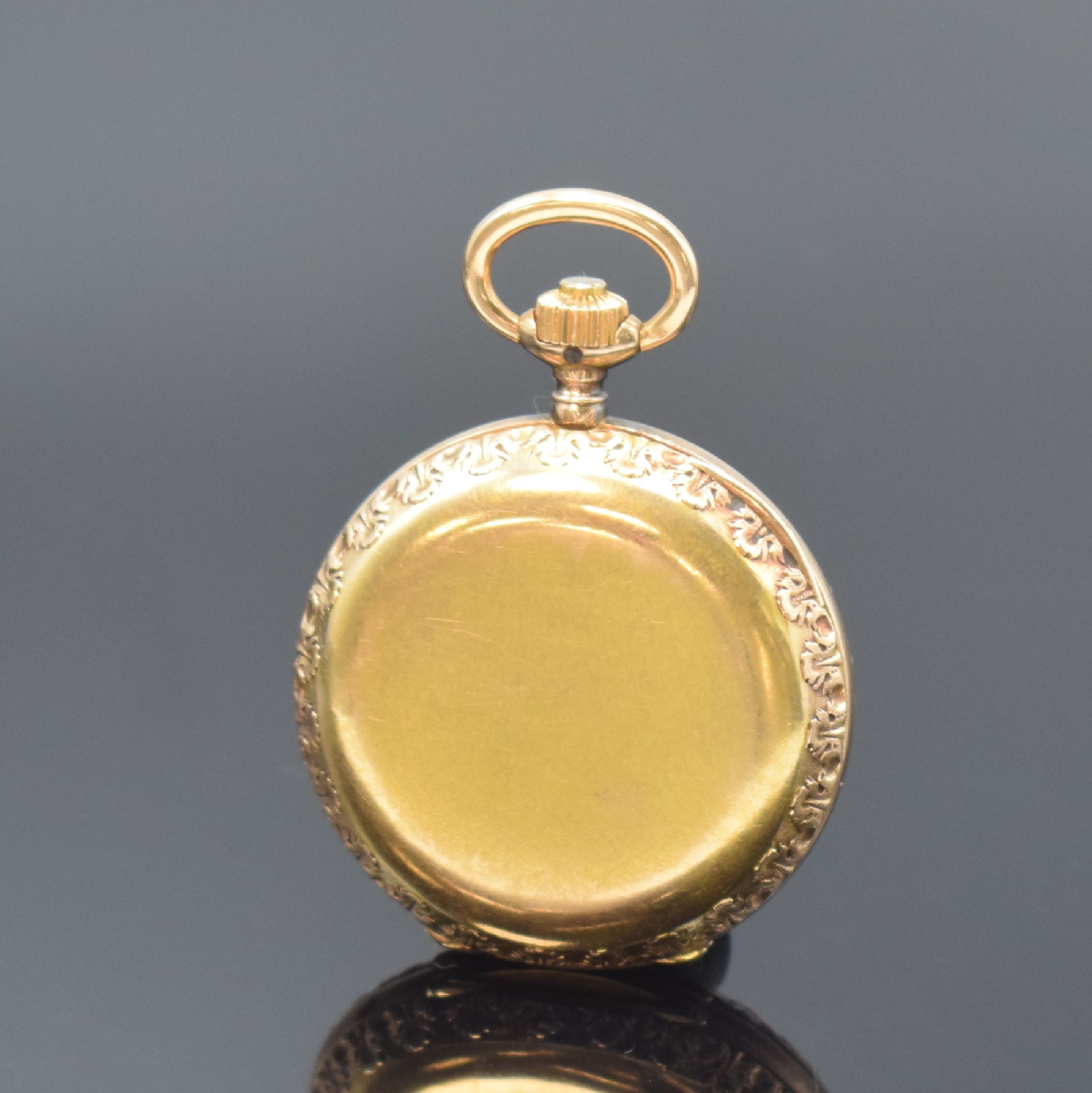 Detail c: LONGINES Damensavonette in GG/RG 750/000, Schweiz um 1890, floral grav. 3-Deckel Goldgeh., Sprungdeckel m. Diamanten u. Rubinen bes. (2 fehl.), ...