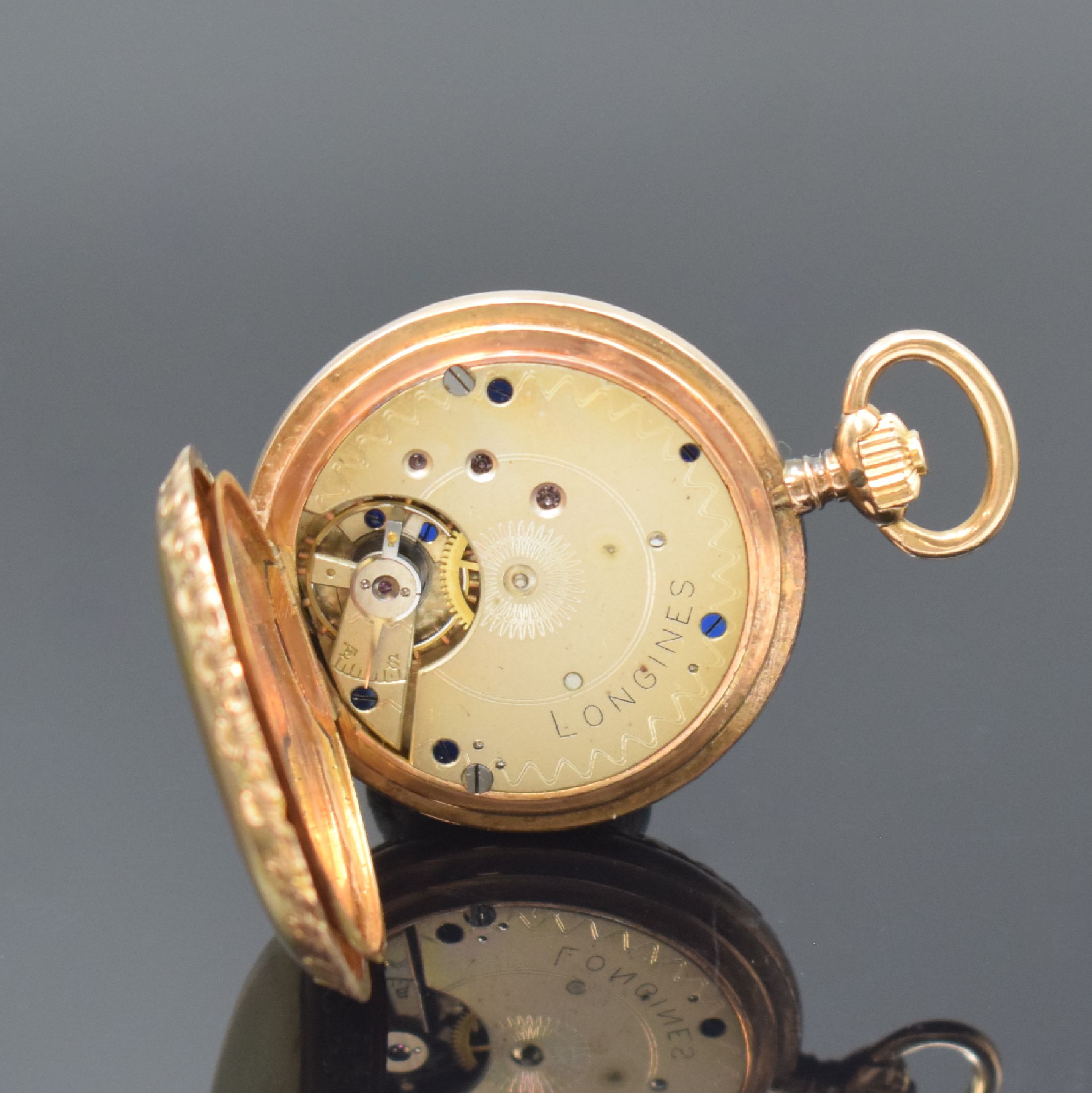 Detail g: LONGINES Damensavonette in GG/RG 750/000, Schweiz um 1890, floral grav. 3-Deckel Goldgeh., Sprungdeckel m. Diamanten u. Rubinen bes. (2 fehl.), ...
