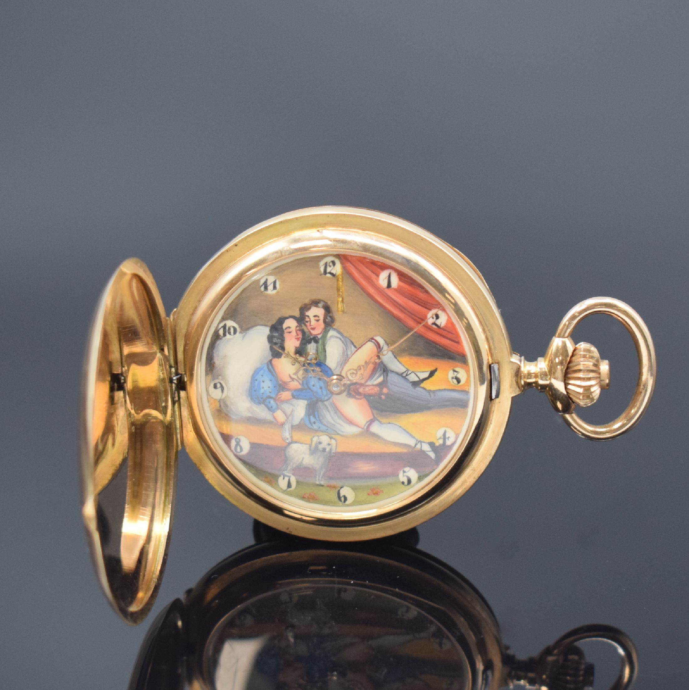 Savonette in RoseG 585/000, Schweiz um 1900, 3-Deckel Goldgeh. m. a-goutte, Zifferbl. m. nachtr. erotischer Bemalung, arab. Zahlen, gold. Zeiger, ...