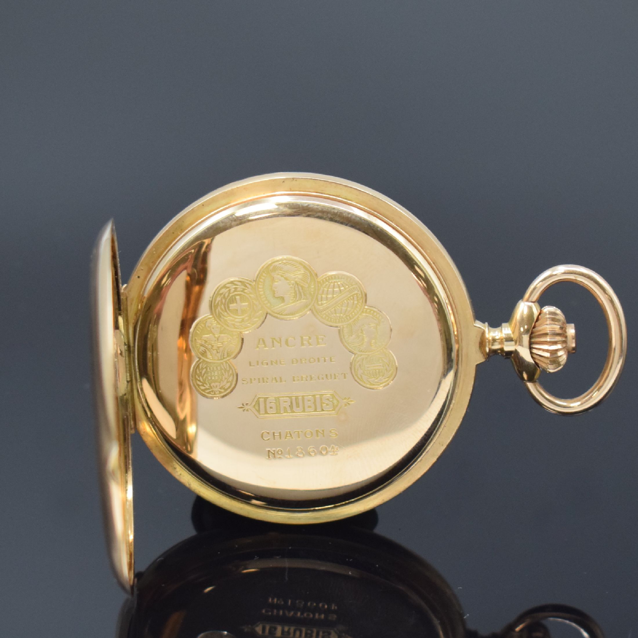 Detail c: Savonette in RoseG 585/000, Schweiz um 1900, 3-Deckel Goldgeh. m. a-goutte, Zifferbl. m. nachtr. erotischer Bemalung, arab. Zahlen, gold. Zeiger, ...