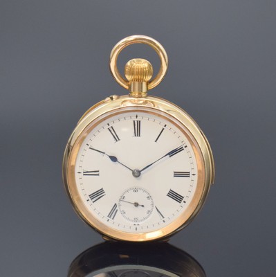 Offene Taschenuhr mit Minutenrepetition, Schweiz um 1900, verg. Gehäuse, Emailzifferbl. m. röm. Zahlen l. besch., gebl. Birnenzeiger, verg. Werk m. ...