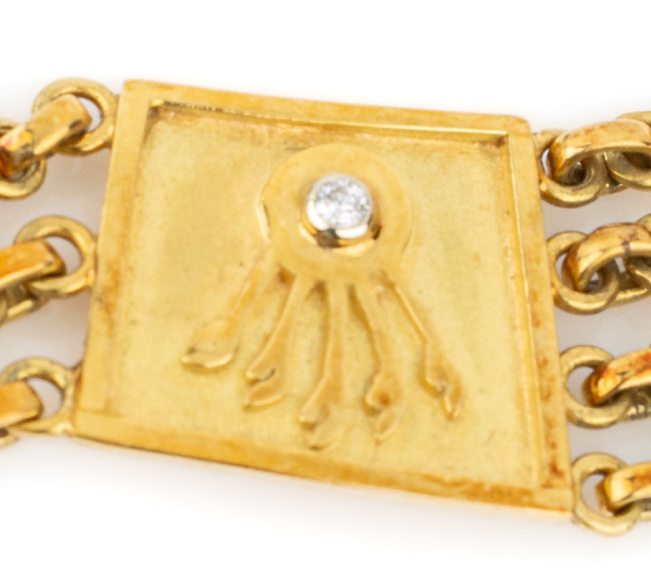 Detail b: 18 kt Gold Brillant Collier, Einzelanfertigung mit ägyptischen Motiven, 3 Brillanten zus. ca. 0.06 ct Weiß/si, total ca. 29.1 g, L ca. 39.5 cm