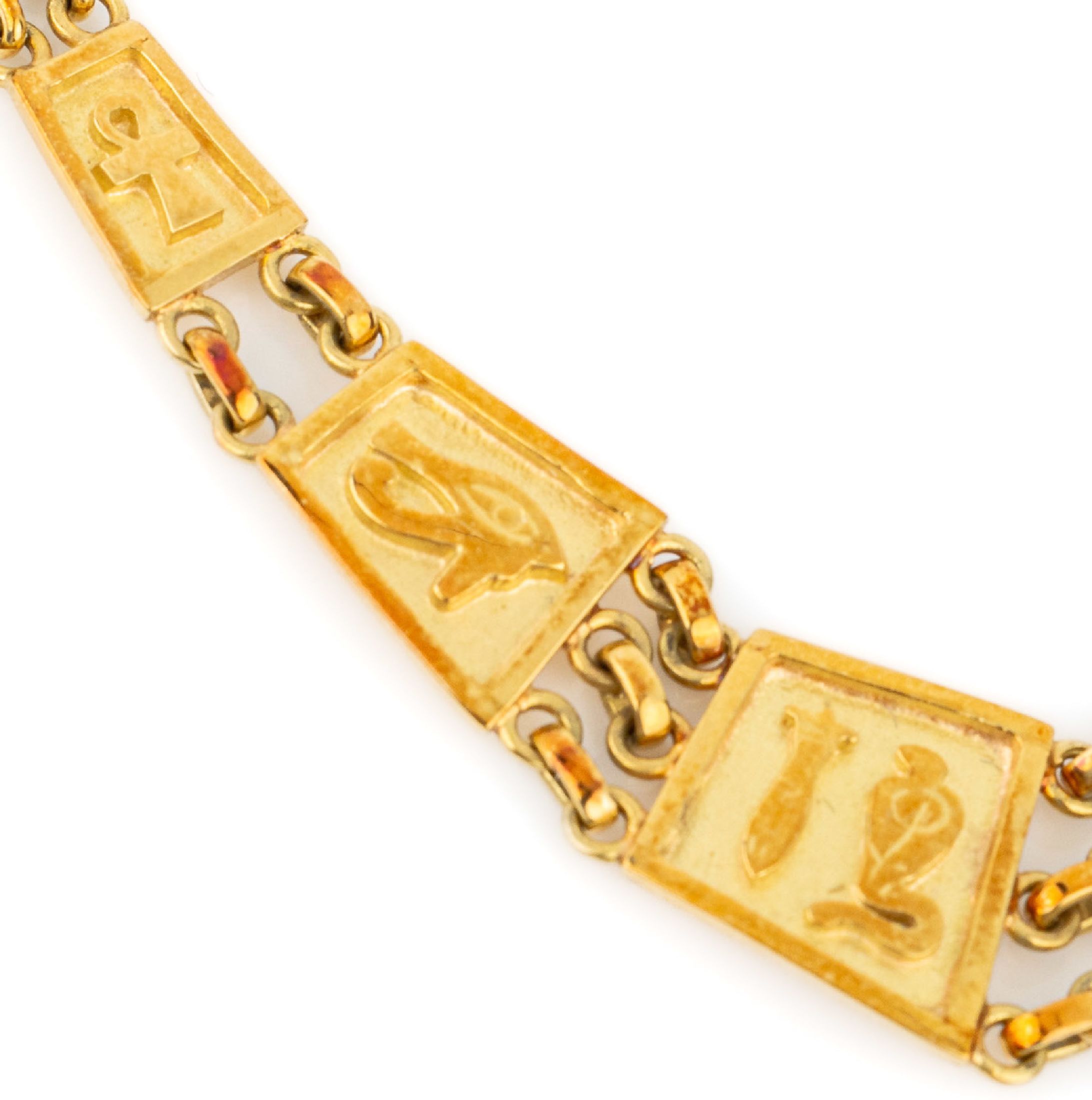 Detail c: 18 kt Gold Brillant Collier, Einzelanfertigung mit ägyptischen Motiven, 3 Brillanten zus. ca. 0.06 ct Weiß/si, total ca. 29.1 g, L ca. 39.5 cm