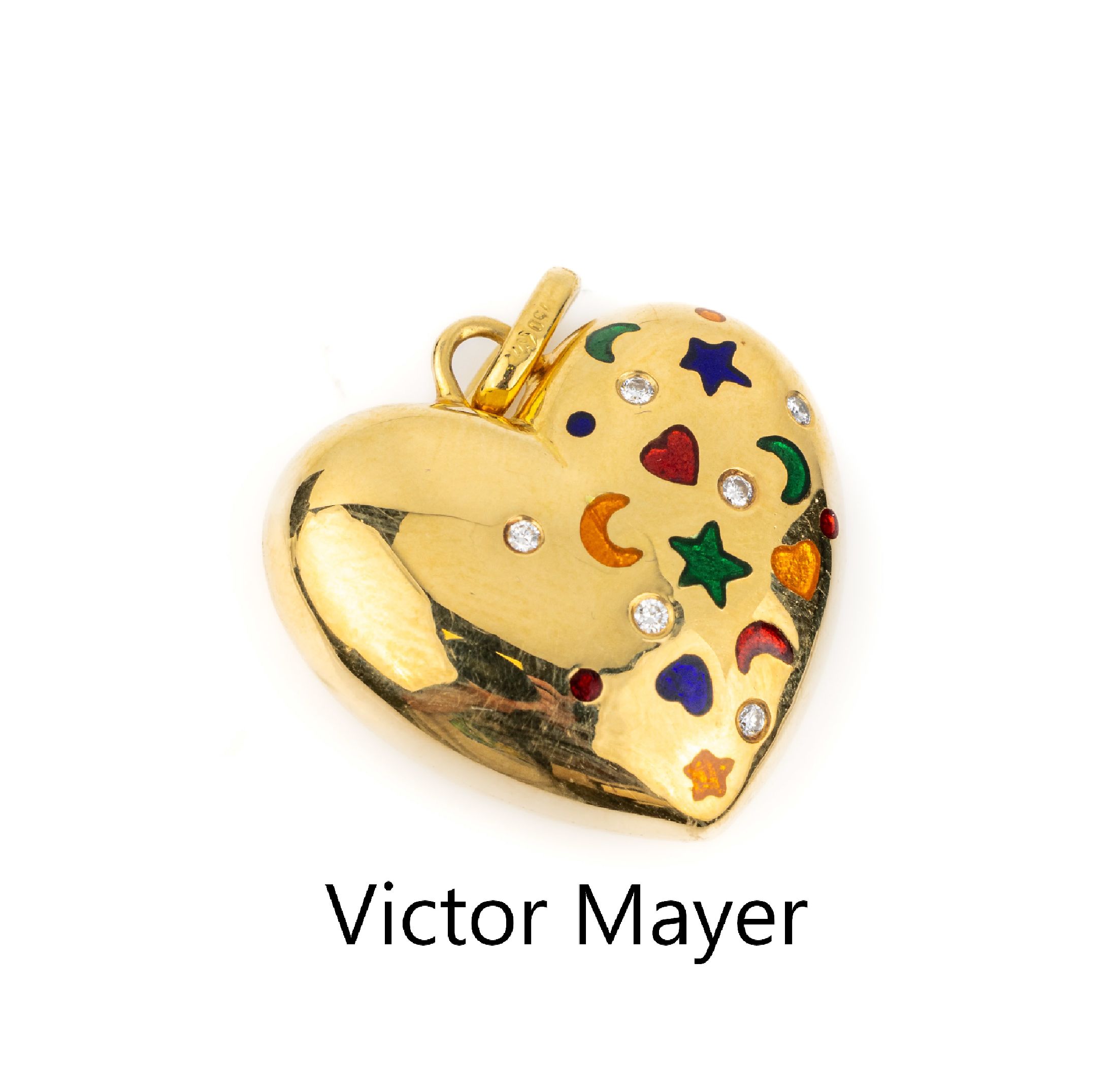 18 kt Gold VICTOR MAYER Herzanhänger, GG 750/000, 6 Brillanten zus. ca. 0.12 ct Weiß/si, bunt emaill. mit Herzen, Mondsicheln und Sternen, total ...
