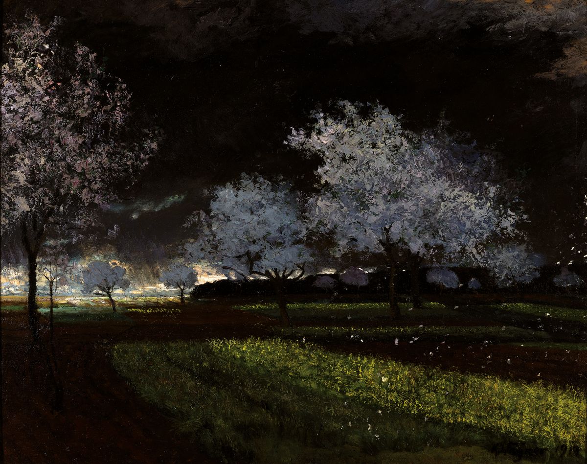 Karl Wagner, 1877 Gochsheim-1951 Karlsruhe, Maigewitter, so rückseitig auf altem Etikett betitelt, Öl/Holz, rechts unten sign. und dat. 1917, ca. ...