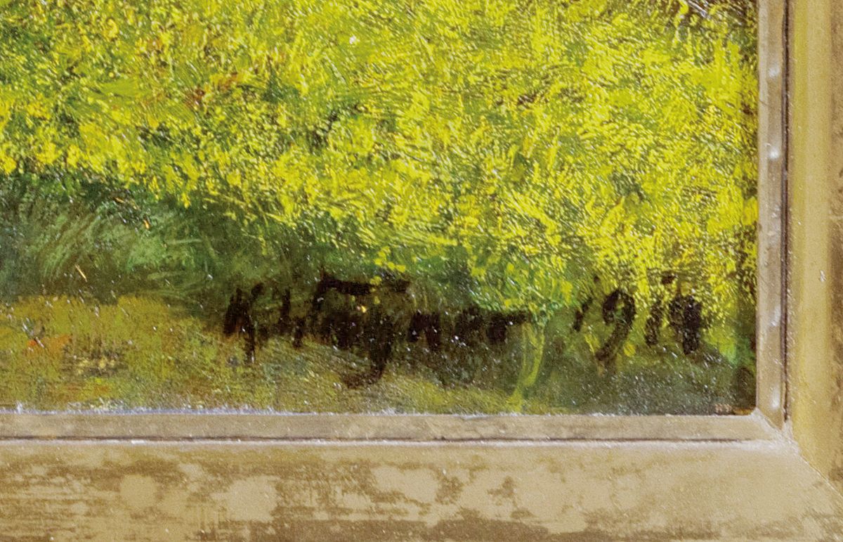 Detail a: Karl Wagner, 1877 Gochsheim-1951 Karlsruhe, Maigewitter, so rückseitig auf altem Etikett betitelt, Öl/Holz, rechts unten sign. und dat. 1917, ca. ...
