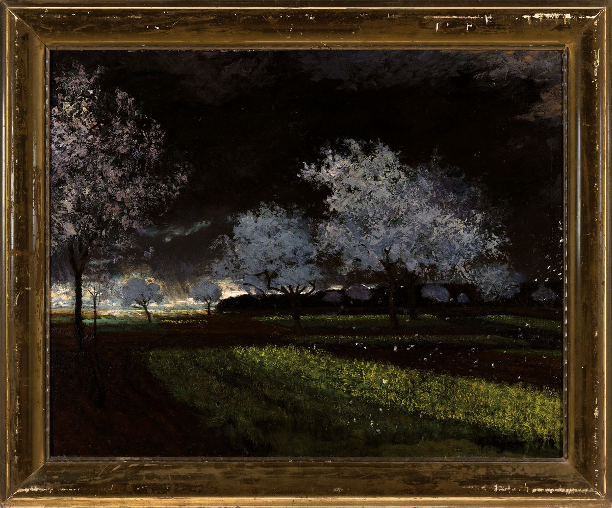 Detail k: Karl Wagner, 1877 Gochsheim-1951 Karlsruhe, Maigewitter, so rückseitig auf altem Etikett betitelt, Öl/Holz, rechts unten sign. und dat. 1917, ca. ...