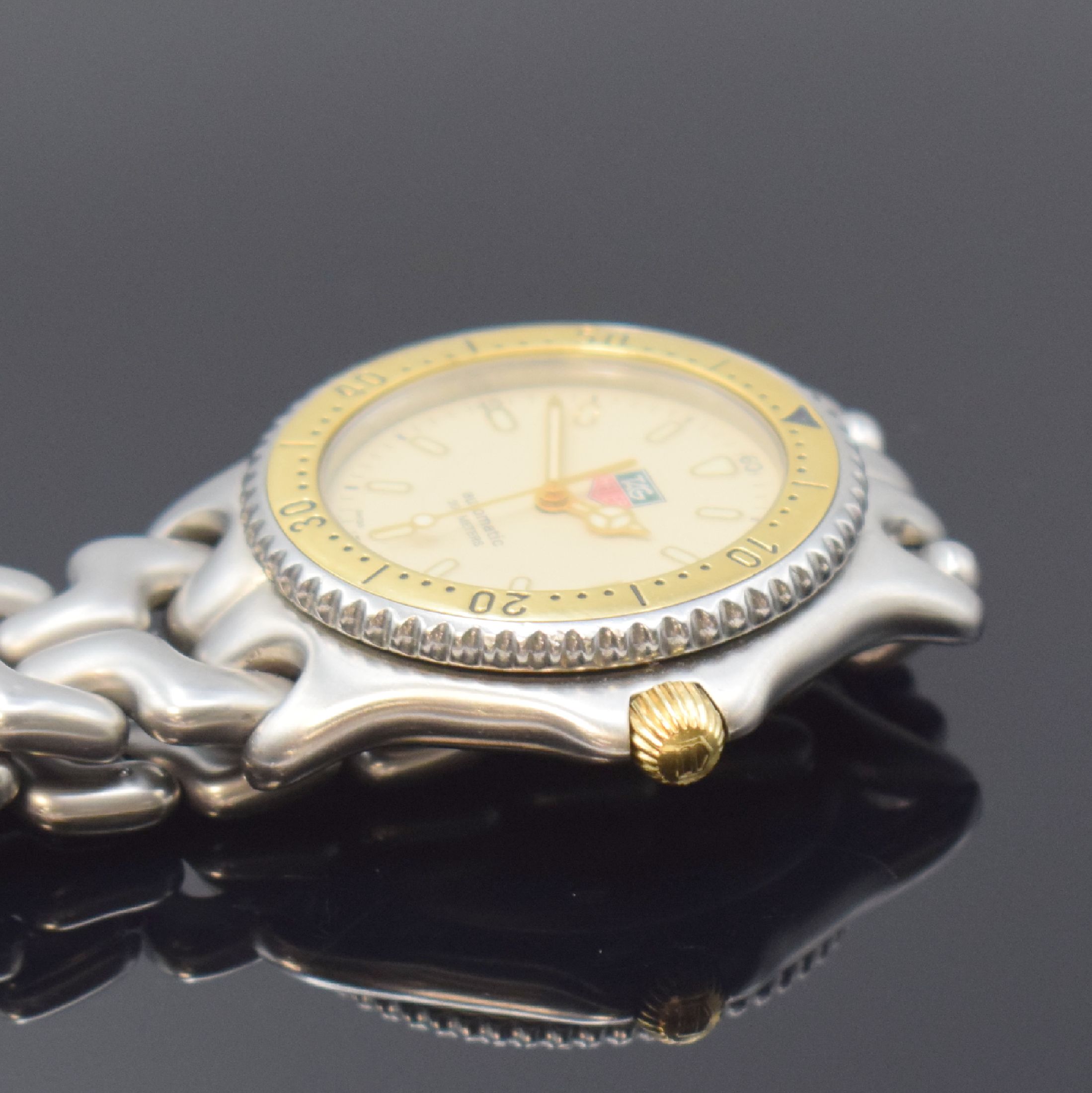 Detail c: TAG HEUER Armbanduhr Referenz S 87.006 E in Stahl/Gold, Schweiz um 1995, Automatik, orig. Stahlband m. Faltschl., Boden u. Krone verschr., Lünette ...