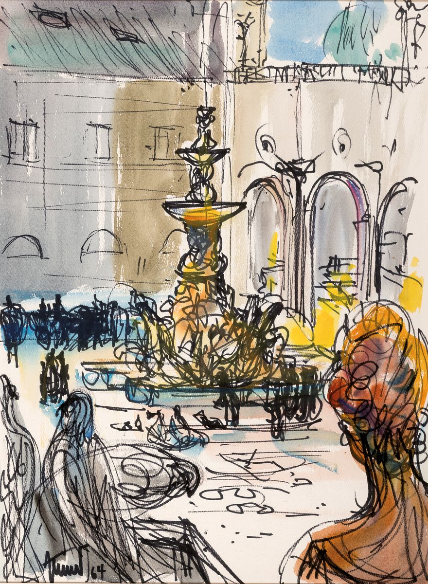 Georg Günther Zeuner, 1923 Dresden-2011 Speyer, 2 Gouachen: Platz mit Brunnen und Personen, sign. und dat. 64, ca. 56x42cm, PP, u.Gl., R. ca. ...