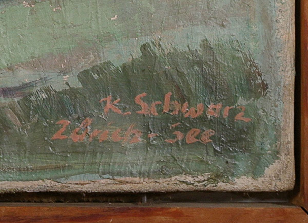Detail a: Karl Schwarz, 1886-?, sommerliche Landschaft, bez. "Zürich-See", rechts unten signiert, Öl/Lwd, l. Farbschaden, Rahmen 68x92cm