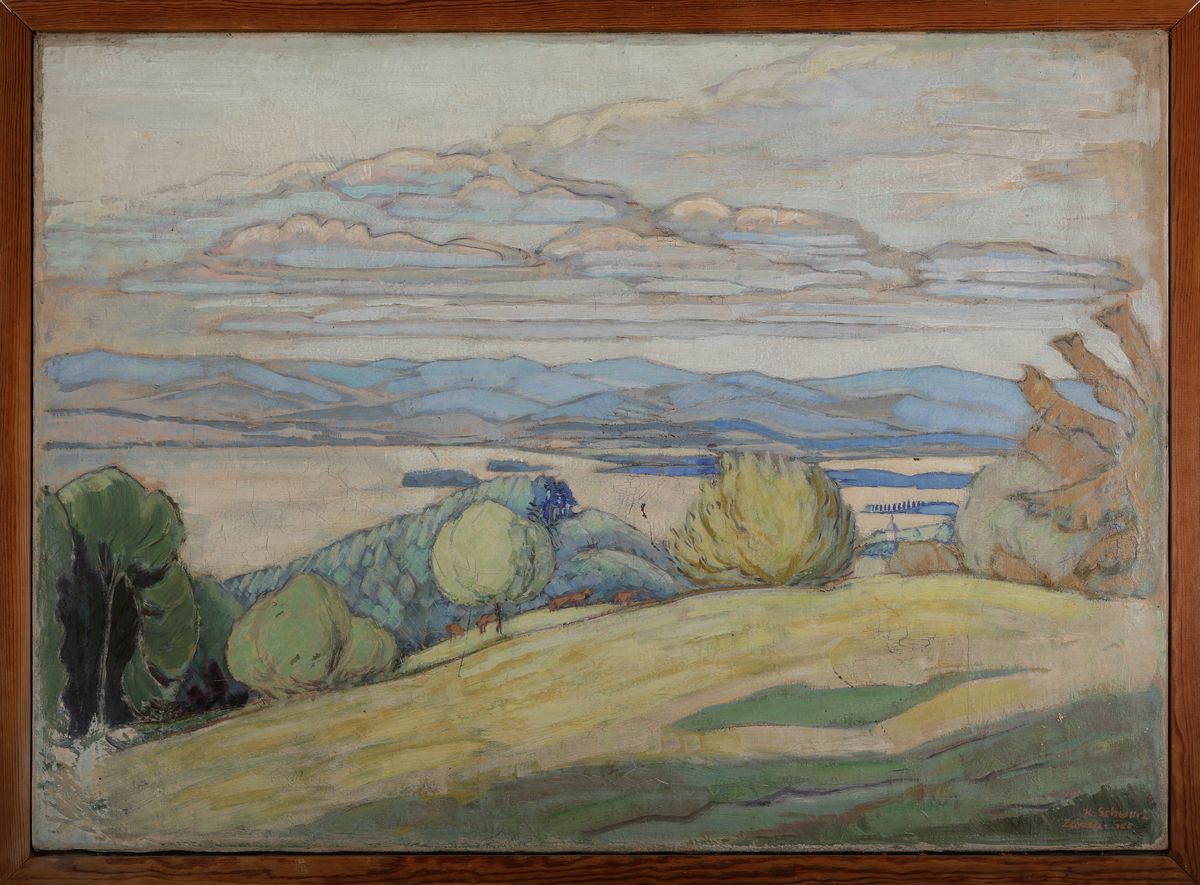 Detail k: Karl Schwarz, 1886-?, sommerliche Landschaft, bez. "Zürich-See", rechts unten signiert, Öl/Lwd, l. Farbschaden, Rahmen 68x92cm