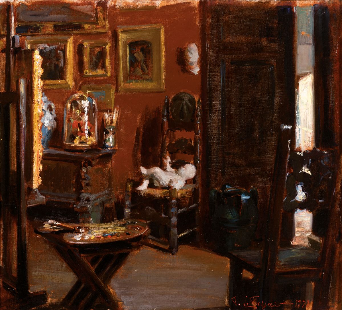 Unleserlich signiert, datiert 1978, Im Atelier des Künstlers, mit Palette und Pinsel, Puppe und Gemälden, Öl/Lwd, rechts unten signiert Fayard ...