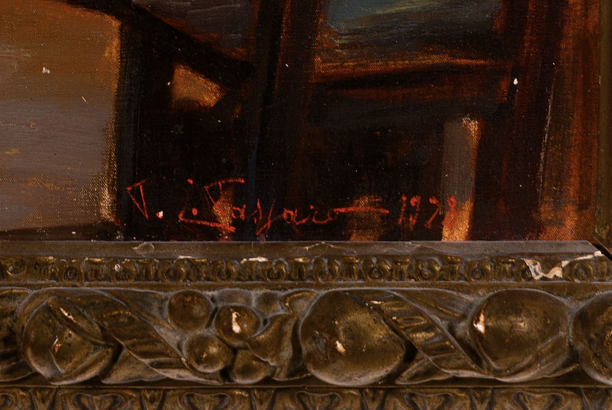 Detail a: Unleserlich signiert, datiert 1978, Im Atelier des Künstlers, mit Palette und Pinsel, Puppe und Gemälden, Öl/Lwd, rechts unten signiert Fayard ...