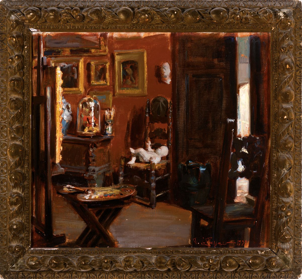 Detail k: Unleserlich signiert, datiert 1978, Im Atelier des Künstlers, mit Palette und Pinsel, Puppe und Gemälden, Öl/Lwd, rechts unten signiert Fayard ...