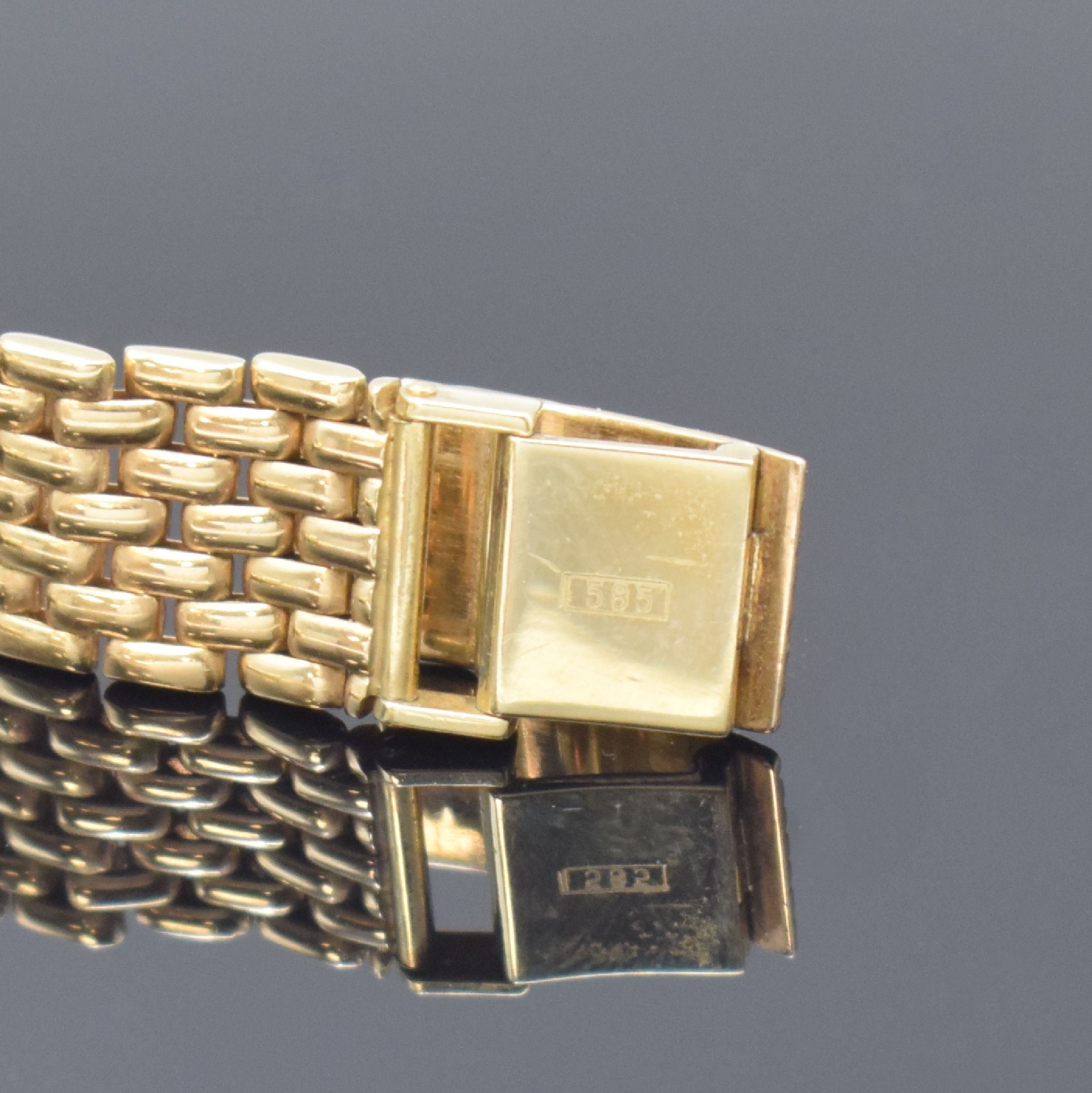 Detail b: ANKER Herrenarmbanduhr in GG 585/000 inklusive Goldband, Schweiz um 1965, Handaufzug, 2- teil. Gehäuse, Boden aufgedr., silb. Zifferbl.m. aufges. ...
