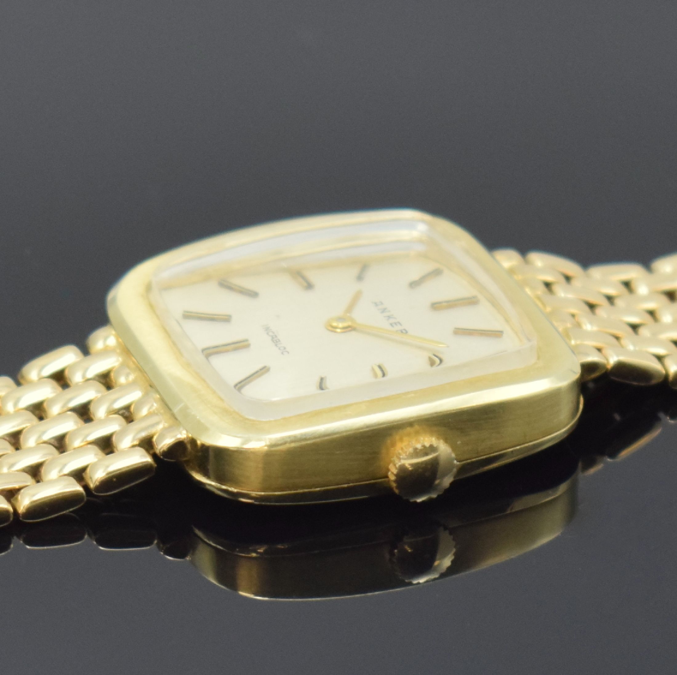 Detail c: ANKER Herrenarmbanduhr in GG 585/000 inklusive Goldband, Schweiz um 1965, Handaufzug, 2- teil. Gehäuse, Boden aufgedr., silb. Zifferbl.m. aufges. ...