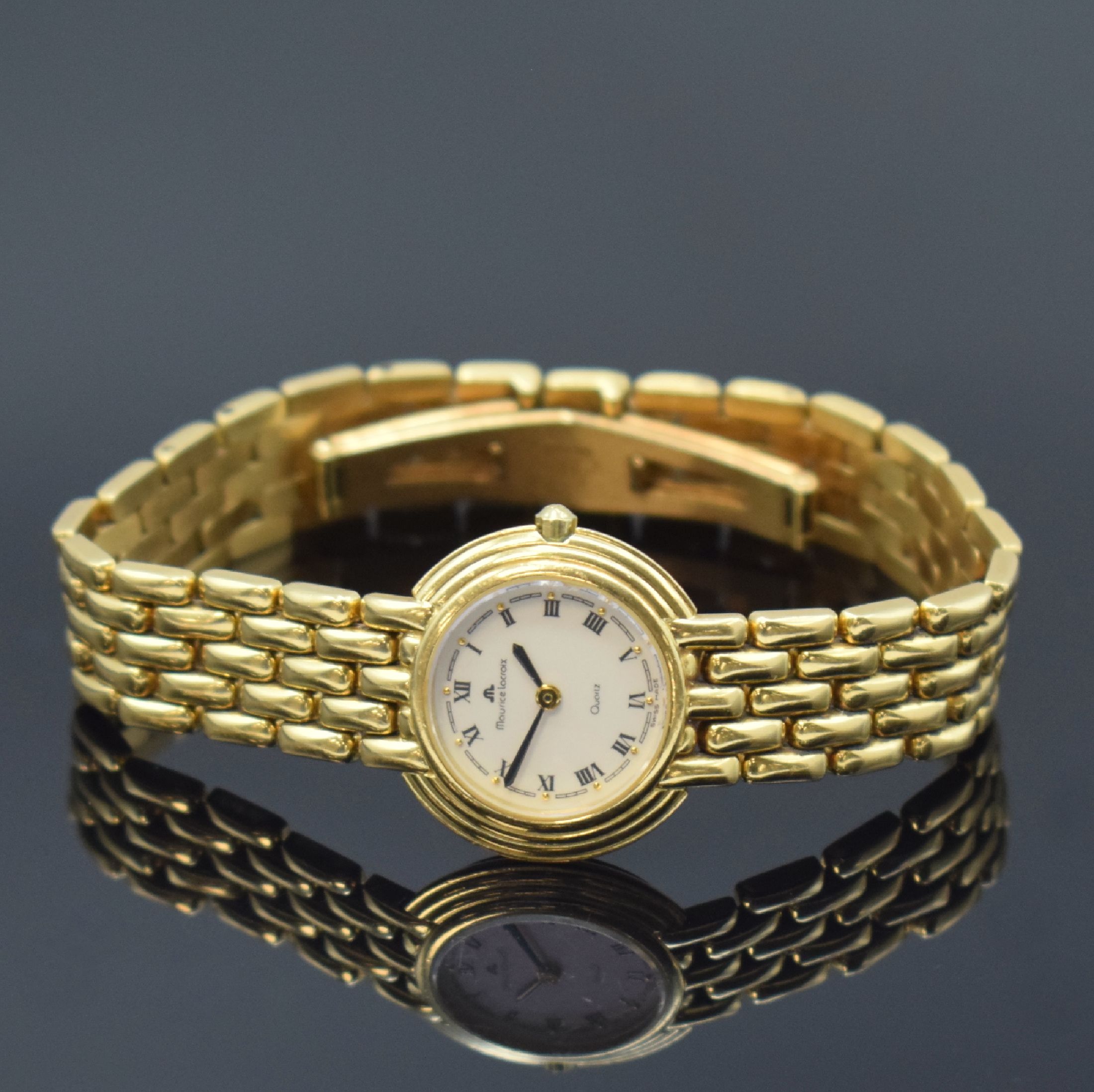 MAURICE LACROIX Damenarmbanduhr in GG 750/000, Schweiz um 1990, quarz, 2-teil. Geh., Boden gedr., GG-Gliederbd. m. dopp. Faltschl., cremefarb. ...