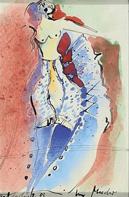 26660965b - Bernd Kastenholz, born 1949 Speyer, studied atthe Stuttgart Academy, here two watercolors and two graphics, watercolors: a. Female nude,#"In the bodice#", hand-signed and dated 03, titled, approx. 22 x 14.5 cm, under glass (cracked), frame, b. Head feather, mixed media, signed and dated 24, titled, approx. 22.5 x 20 cm, under glass, frame, graphics: a.Color etching, #"Libra#", num. 155/160, hand- signed and dated 91, approx. 18.5 x 15 cm, b. Color etching #"crossed#", hand-signed, numbered. 8/30, browned, foxed, approx. 11 x 10 cm, also under glass, frame