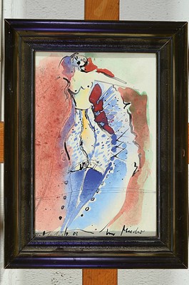 26660965m - Bernd Kastenholz, born 1949 Speyer, studied atthe Stuttgart Academy, here two watercolors and two graphics, watercolors: a. Female nude,#"In the bodice#", hand-signed and dated 03, titled, approx. 22 x 14.5 cm, under glass (cracked), frame, b. Head feather, mixed media, signed and dated 24, titled, approx. 22.5 x 20 cm, under glass, frame, graphics: a.Color etching, #"Libra#", num. 155/160, hand- signed and dated 91, approx. 18.5 x 15 cm, b. Color etching #"crossed#", hand-signed, numbered. 8/30, browned, foxed, approx. 11 x 10 cm, also under glass, frame