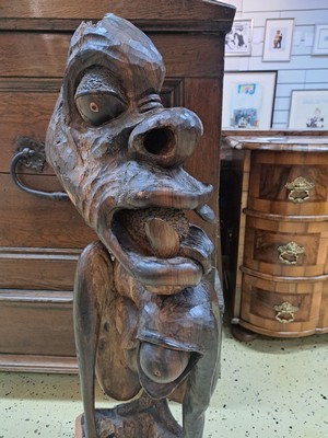 26661076a - John Fundi, 1939 Mueda/Mozambique-1991 Chanika/Tanzania, Makonde carver, large wooden sculpture, ancestor or spirit figure, carved solid wood, blackened, moving surface, expressive expression, on a natural base, numbered "5 838" on the base, Age range, H. 102 cm; from private collection after purchase from the Max Mohl collection, Bammental