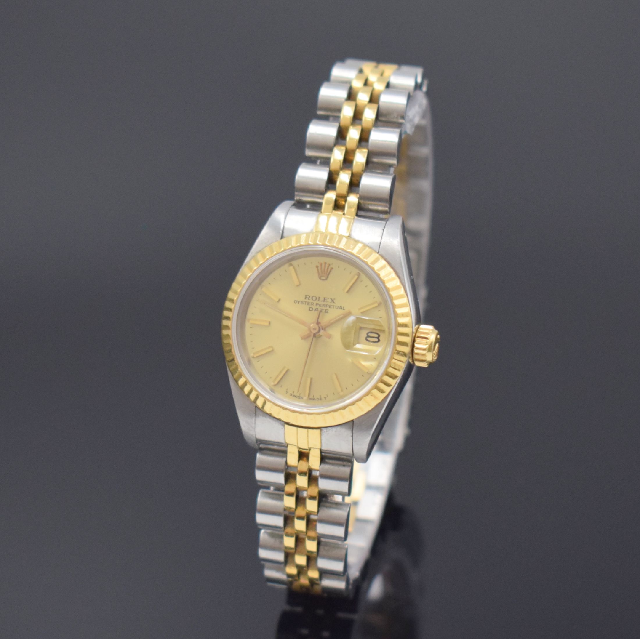 ROLEX Damenarmbanduhr Oyster Perpetual Date Referenz 69173, Automatik, Edelstahl/Gold kombiniert inkl. Jubileeband, champagnerfarb. Zifferbl. m. ...