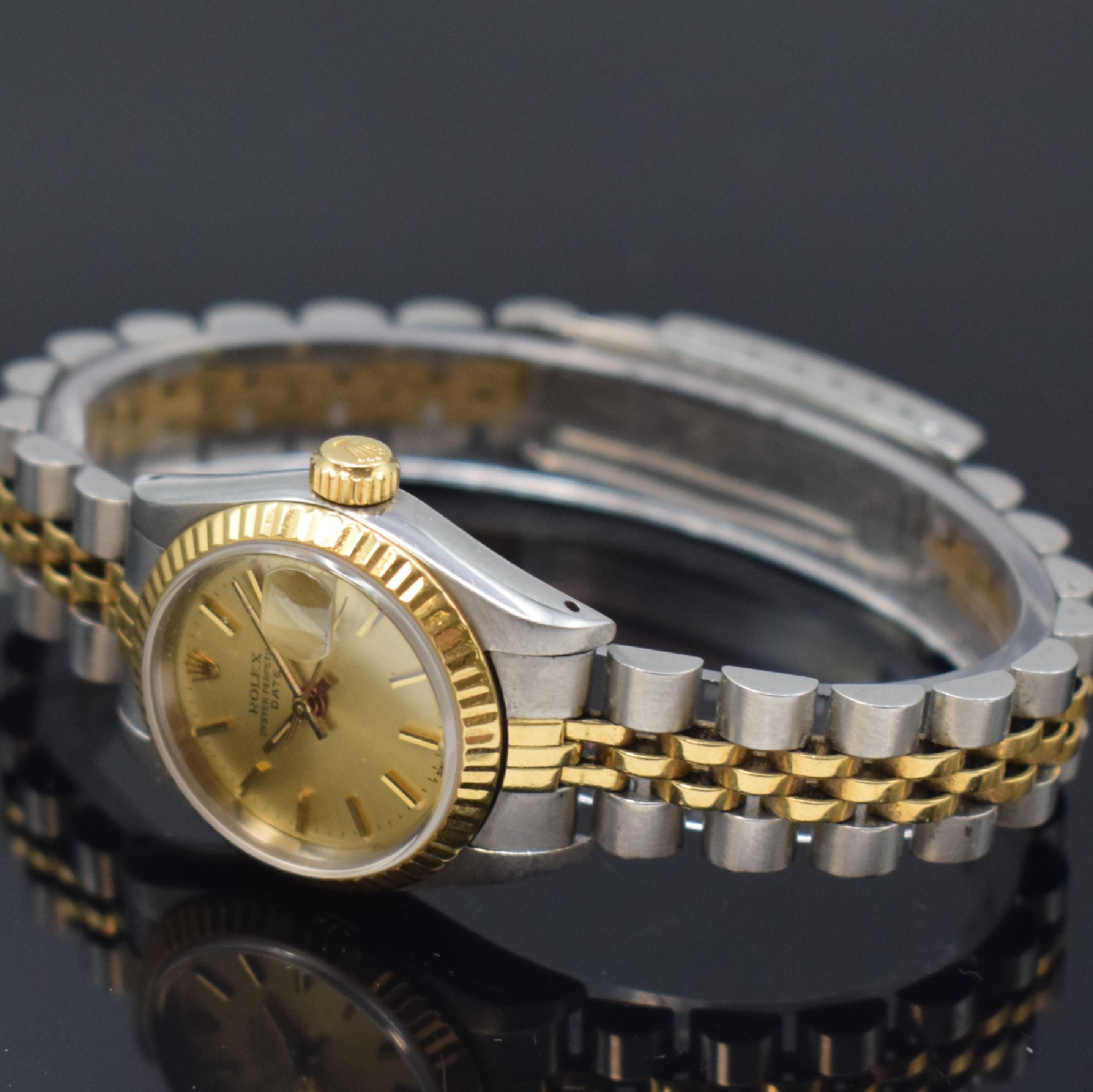 Detail b: ROLEX Damenarmbanduhr Oyster Perpetual Date Referenz 69173, Automatik, Edelstahl/Gold kombiniert inkl. Jubileeband, champagnerfarb. Zifferbl. m. ...