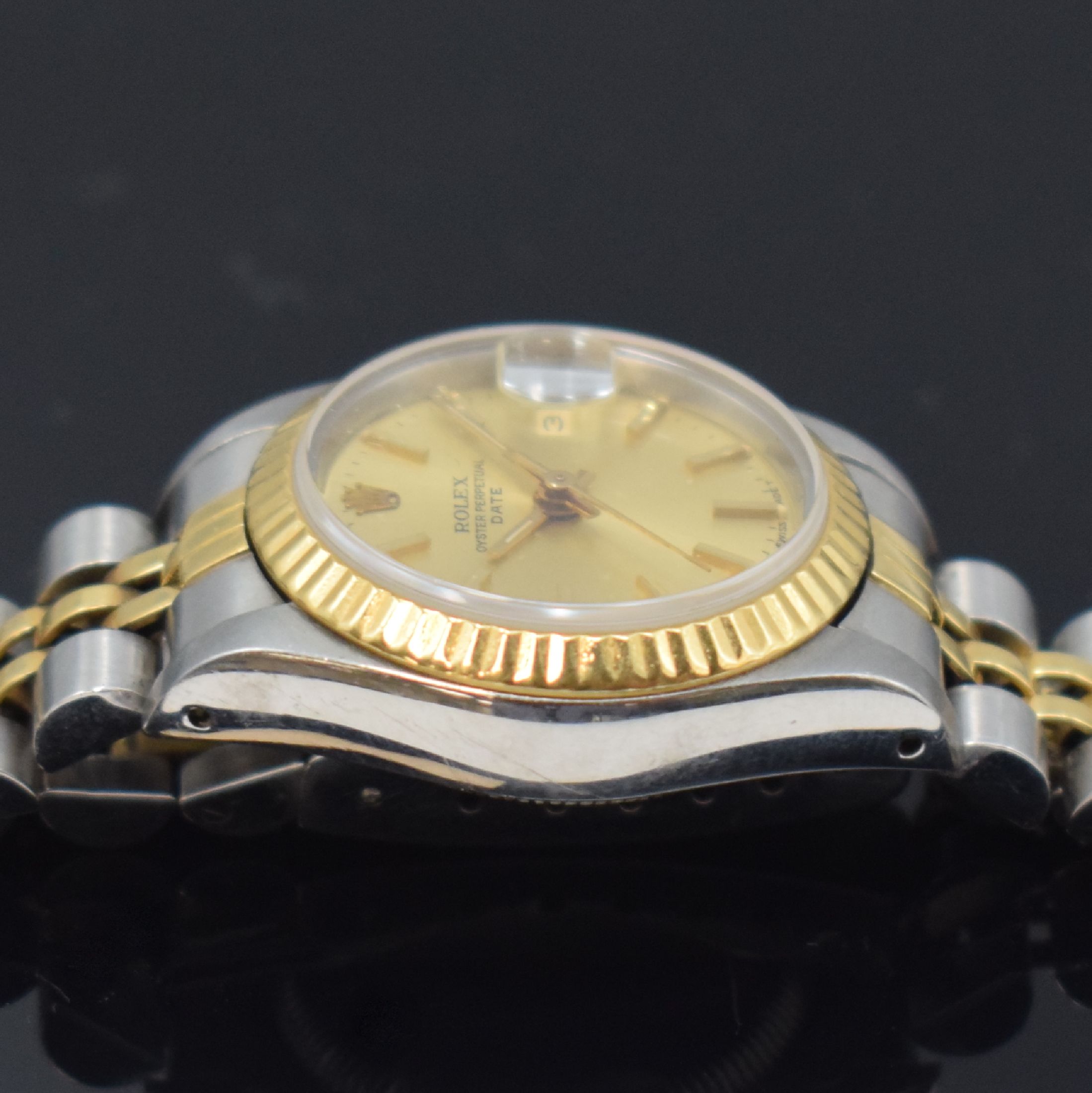 Detail c: ROLEX Damenarmbanduhr Oyster Perpetual Date Referenz 69173, Automatik, Edelstahl/Gold kombiniert inkl. Jubileeband, champagnerfarb. Zifferbl. m. ...