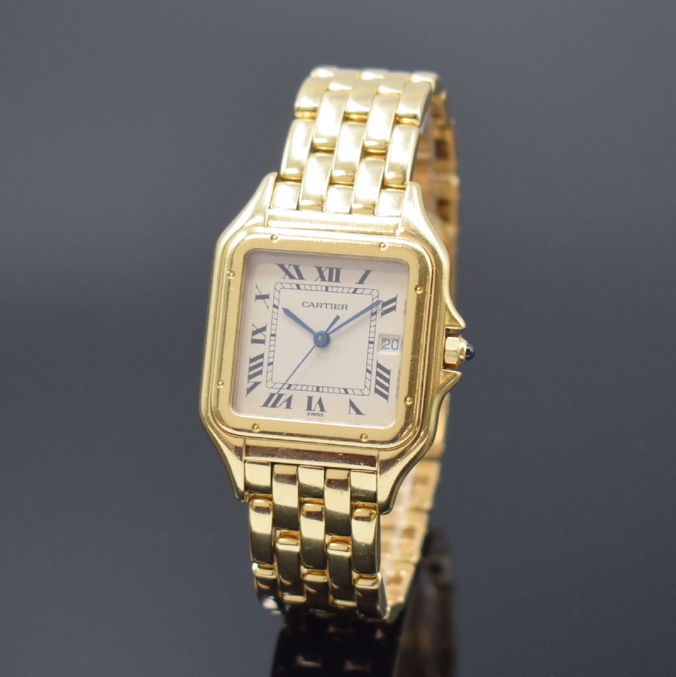 CARTIER Panthere Armbanduhr in GG 750/000, Schweiz um 1990, quarz, 2-teil. Gehäuse, Boden 8-fach verschr., Gliederband in GG 750/000 mit dopp. ...