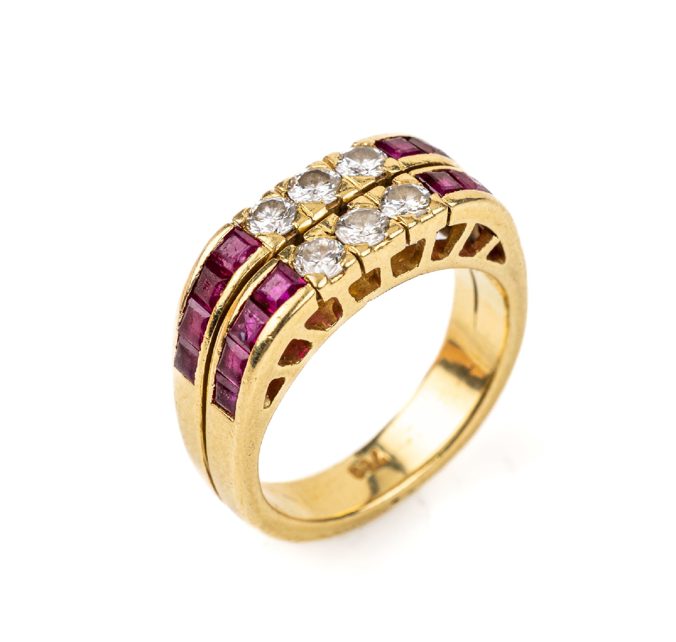 18 kt Gold Brillant-Rubin-Ring, GG 750/000,2-rhg., 6 Brillanten zus. ca. 0.30 ct Weiß/vs-si, seitl. 16 facett. Rubine zus. ca. 0.24 ct, RW 49, ca. ...