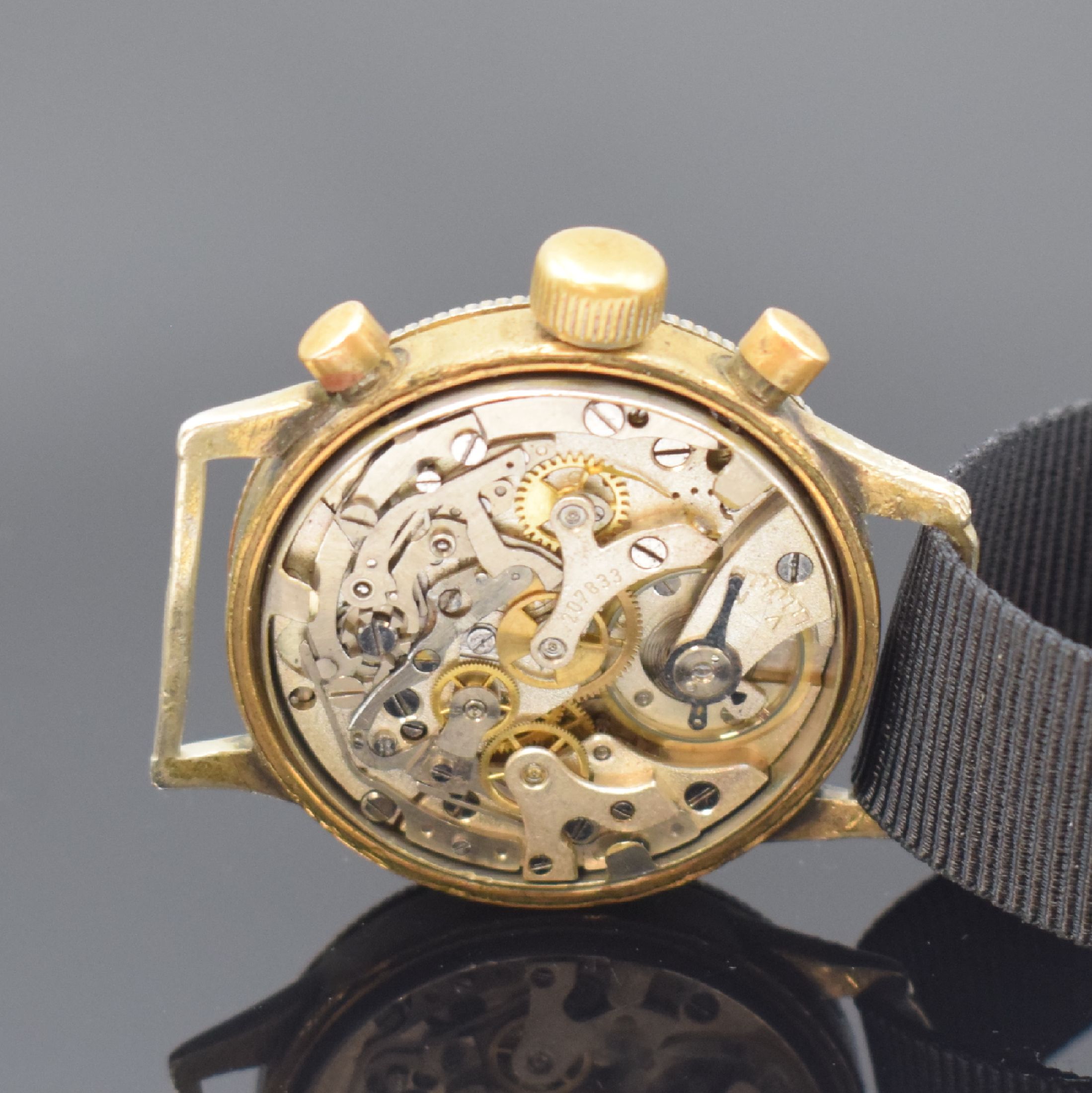 Detail d: TUTIMA GLASHÜTTE Kal. Urofa 59 Flyback-Chronograph, Deutschland um 1940, Handaufzug, Gehäuse m. Drehlünette, Edelstahlboden geschr. (Gewinde zu ...