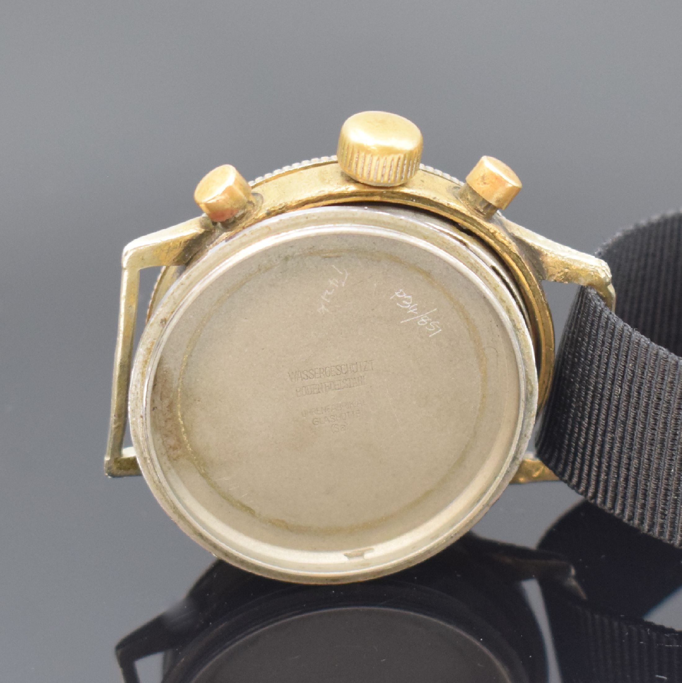 Detail e: TUTIMA GLASHÜTTE Kal. Urofa 59 Flyback-Chronograph, Deutschland um 1940, Handaufzug, Gehäuse m. Drehlünette, Edelstahlboden geschr. (Gewinde zu ...