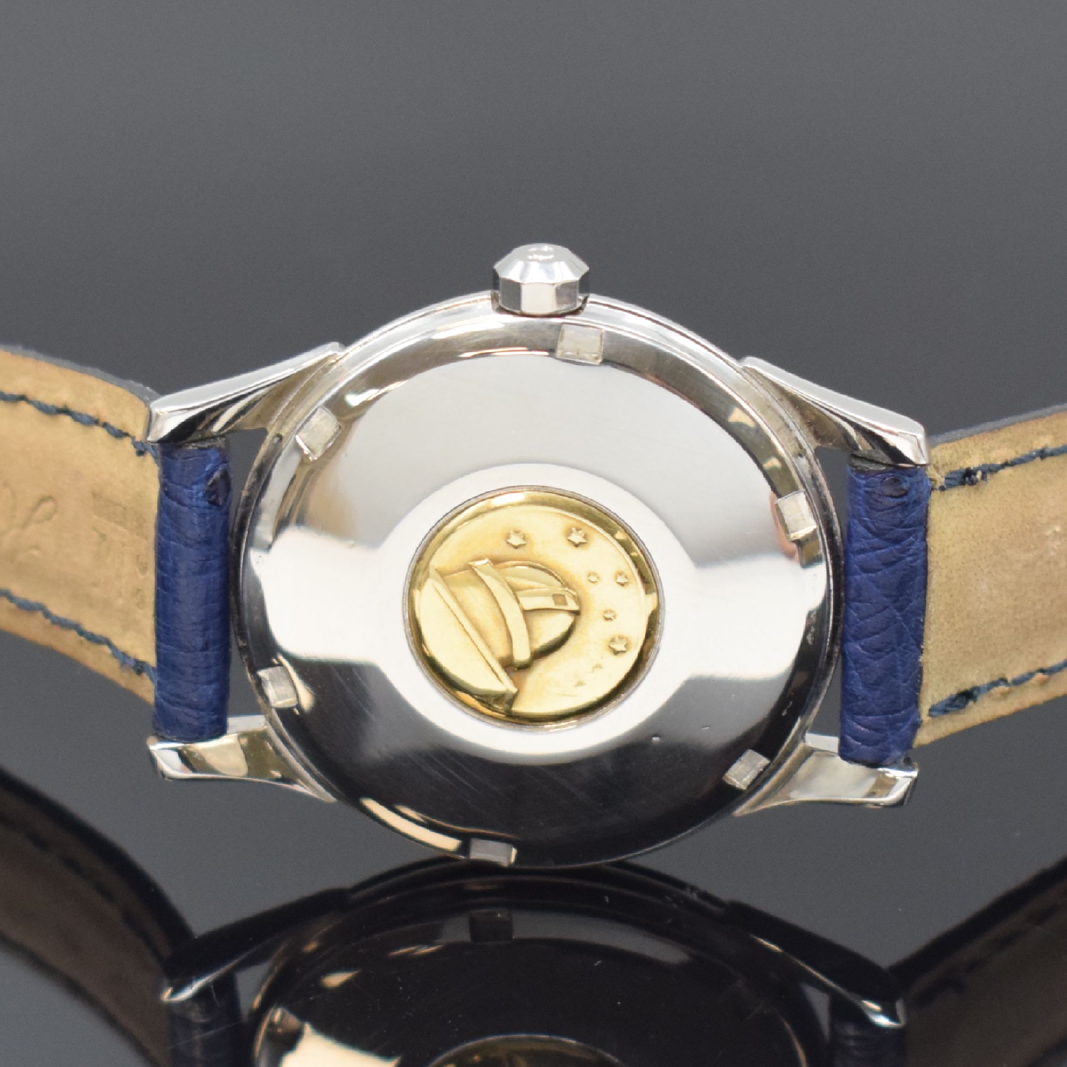 Detail c: OMEGA Constellation Chronometer Armbanduhr in Stahl Referenz 14381 7 SC, Schweiz um 1961, Automatik, 3-teil. Gehäuse, Boden m. Gold- Plakette ...