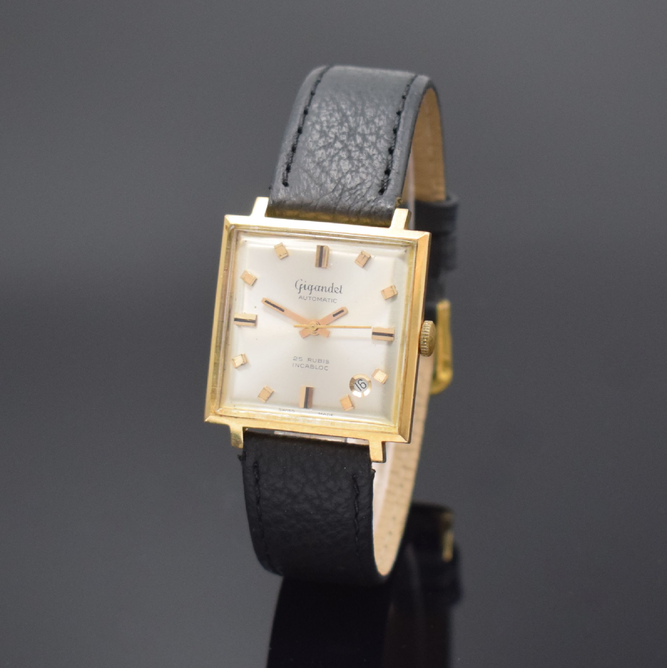 GIGANDET Armbanduhr in GG 750/000, Schweiz um 1968, Automatik, 2-teil. Gehäuse, Boden aufgedr., silb. Zifferbl. m. aufges. Std.- Ind., gold. Zeiger, ...