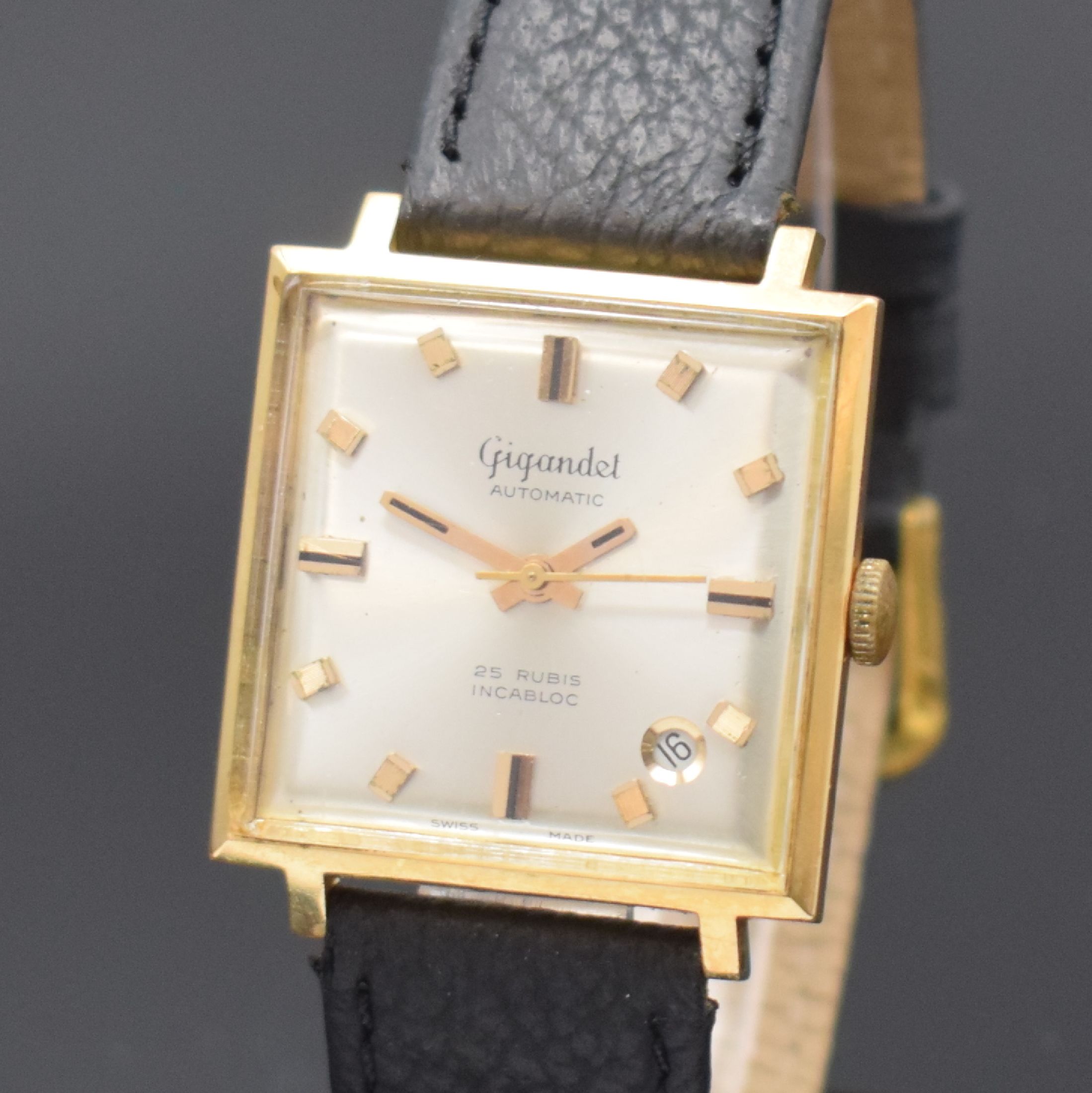 Detail a: GIGANDET Armbanduhr in GG 750/000, Schweiz um 1968, Automatik, 2-teil. Gehäuse, Boden aufgedr., silb. Zifferbl. m. aufges. Std.- Ind., gold. Zeiger, ...