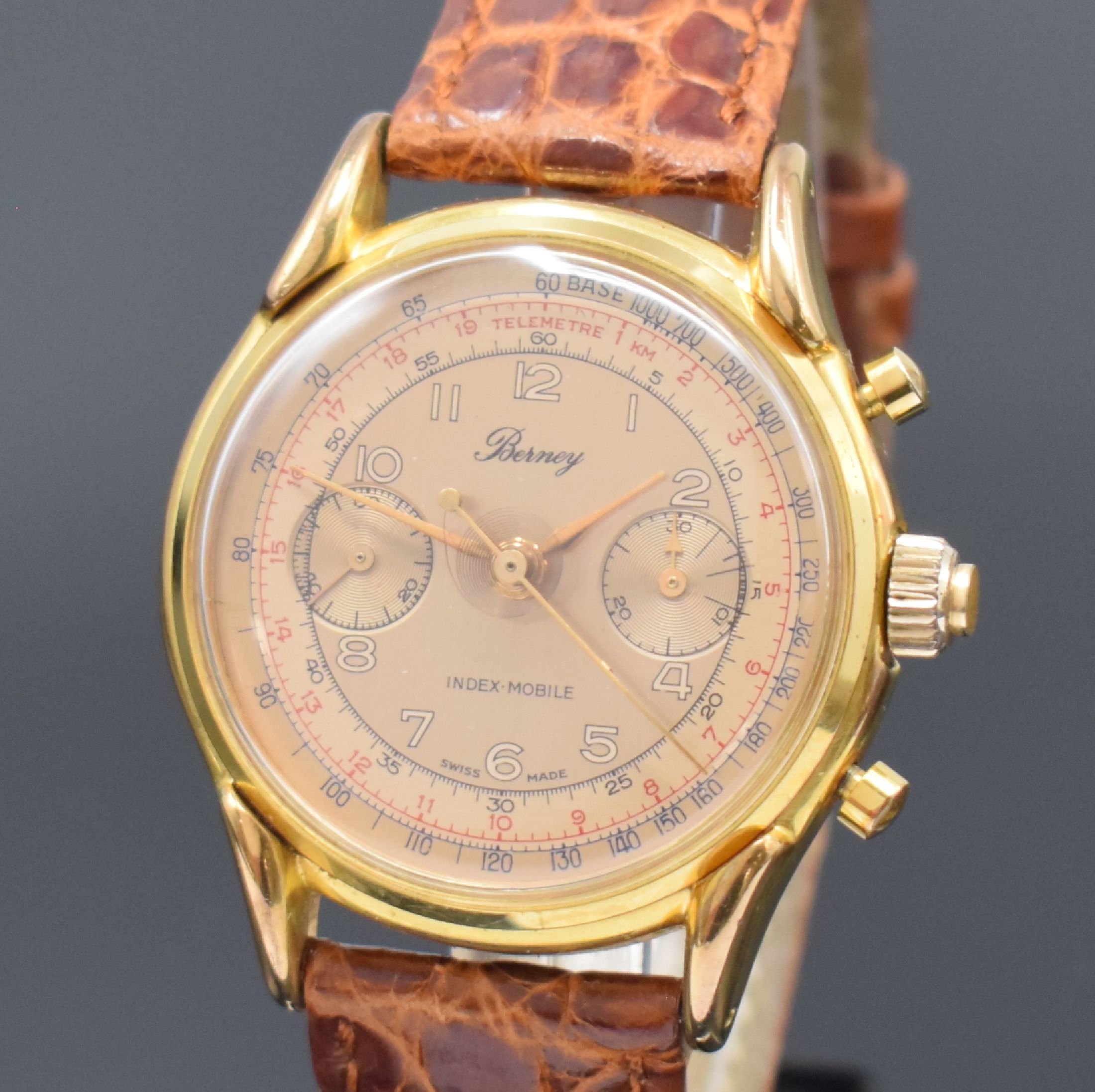 Detail a: BERNEY Index-Mobile Armbandchronograph mit Schleppzeiger, Schweiz um 1990, Handaufzug, verg. Gehäuse beids. vergl., kupferfarb. Zifferbl. m. arab. ...